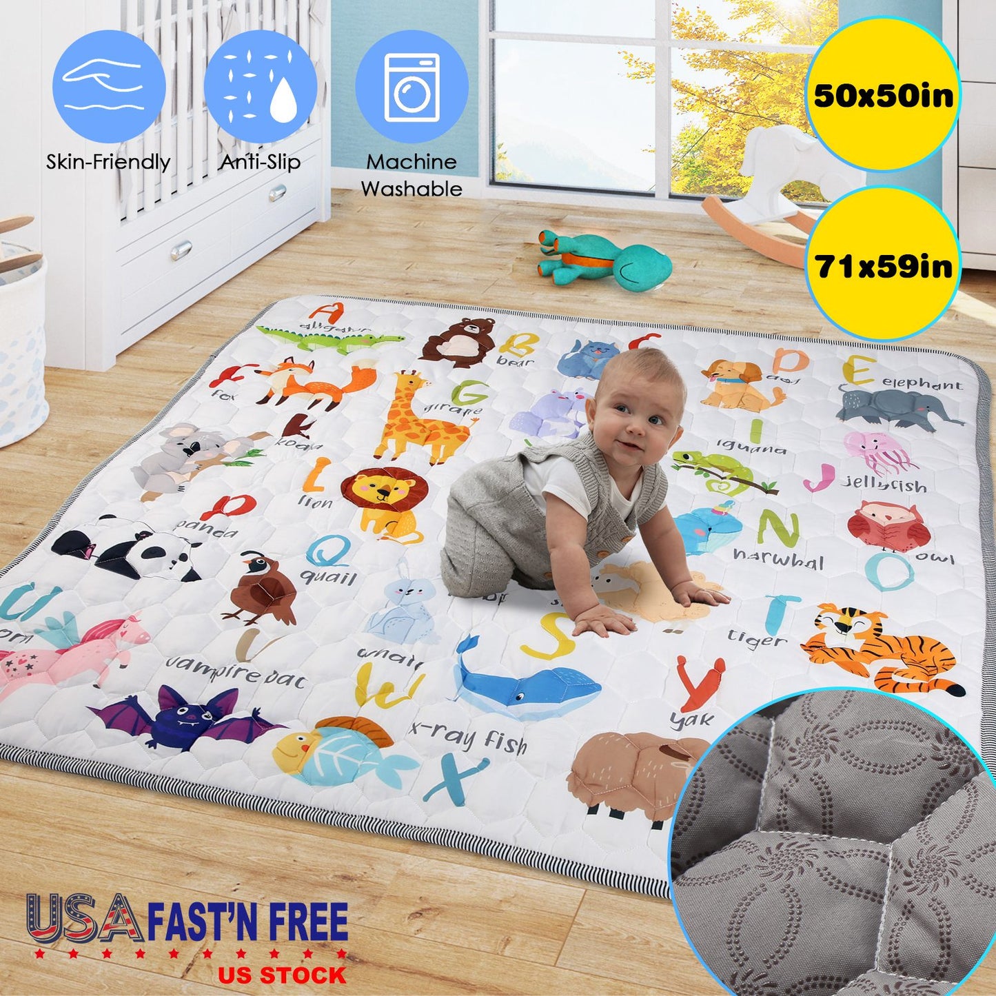 Baby Play Mat 50x50IN Non-Slip Foldable Crawling Mat