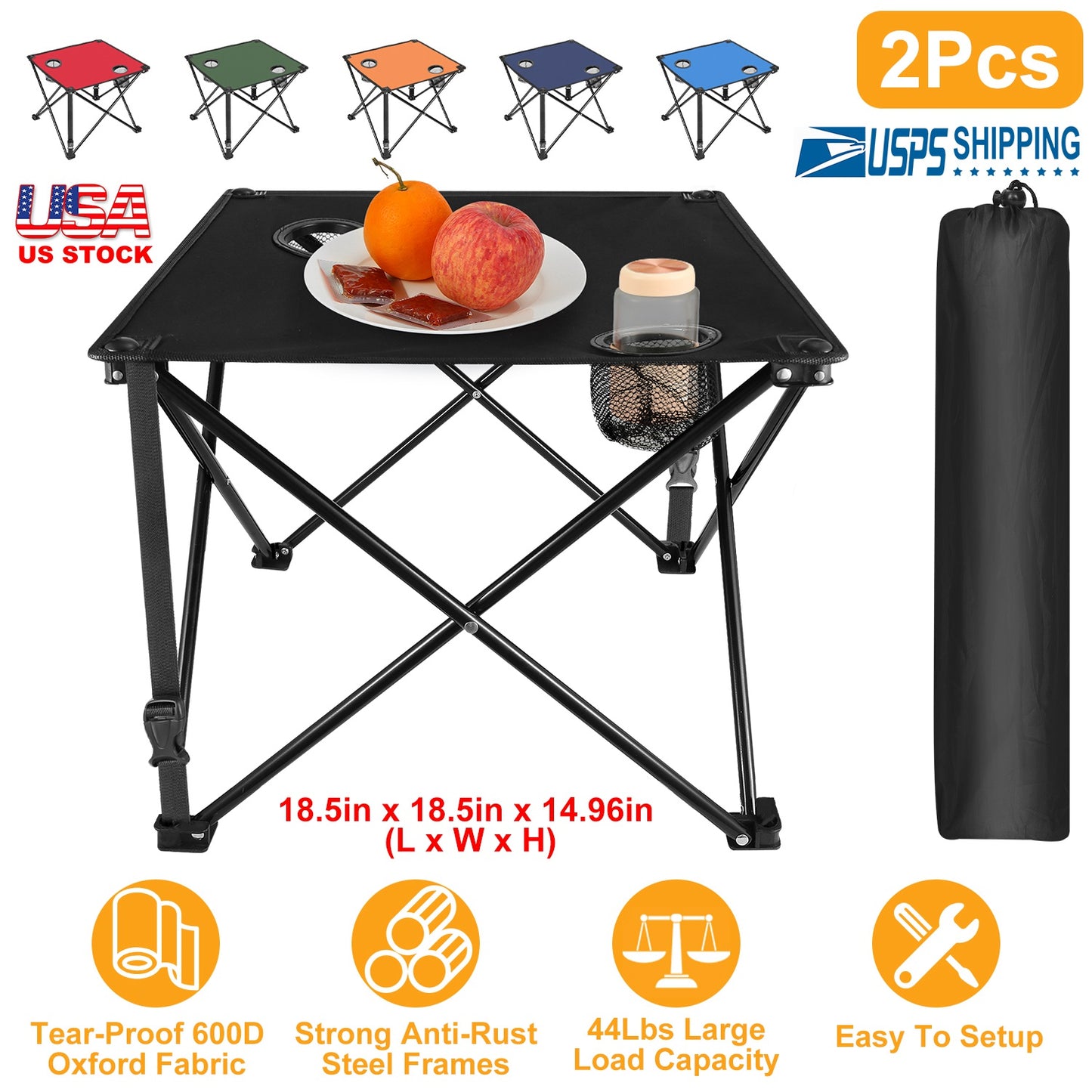 Foldable Camping Table with Cup Holders & Carry Bag (2-Pack)