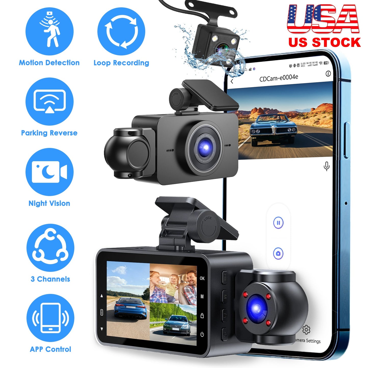 3-Channel Dash Cam with Front, Rear & Interior Cameras