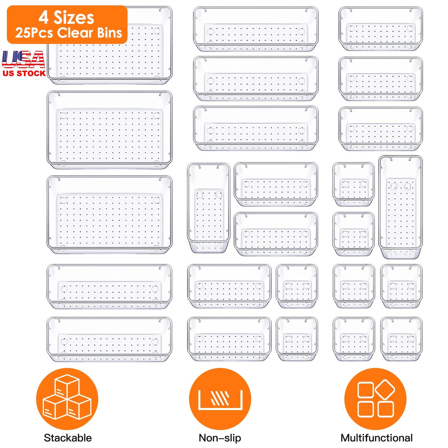 Clear Drawer Organizers Set - 25 Piece Storage Bins
