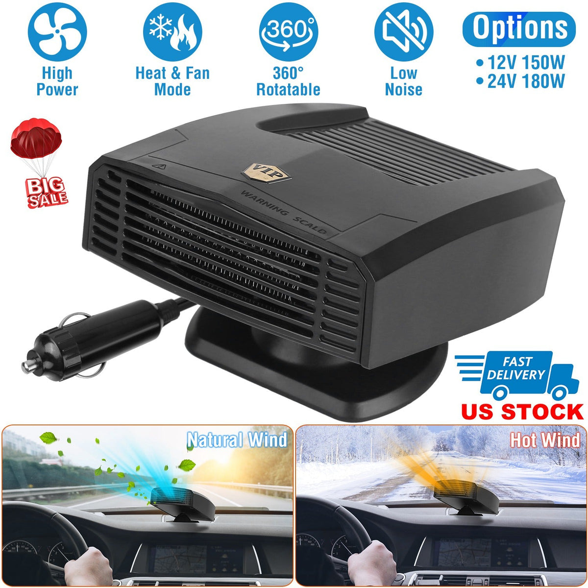12V 150W Portable Car Heater Heating Fan 2 in 1 Defroster Defogger Demister Windshield Heater Automotive Cooling Fan with 360¡Rotating Base