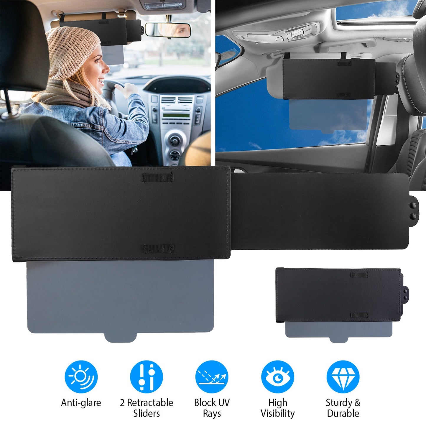 Car Sun Visor Extender with Dual Retractable Sliders