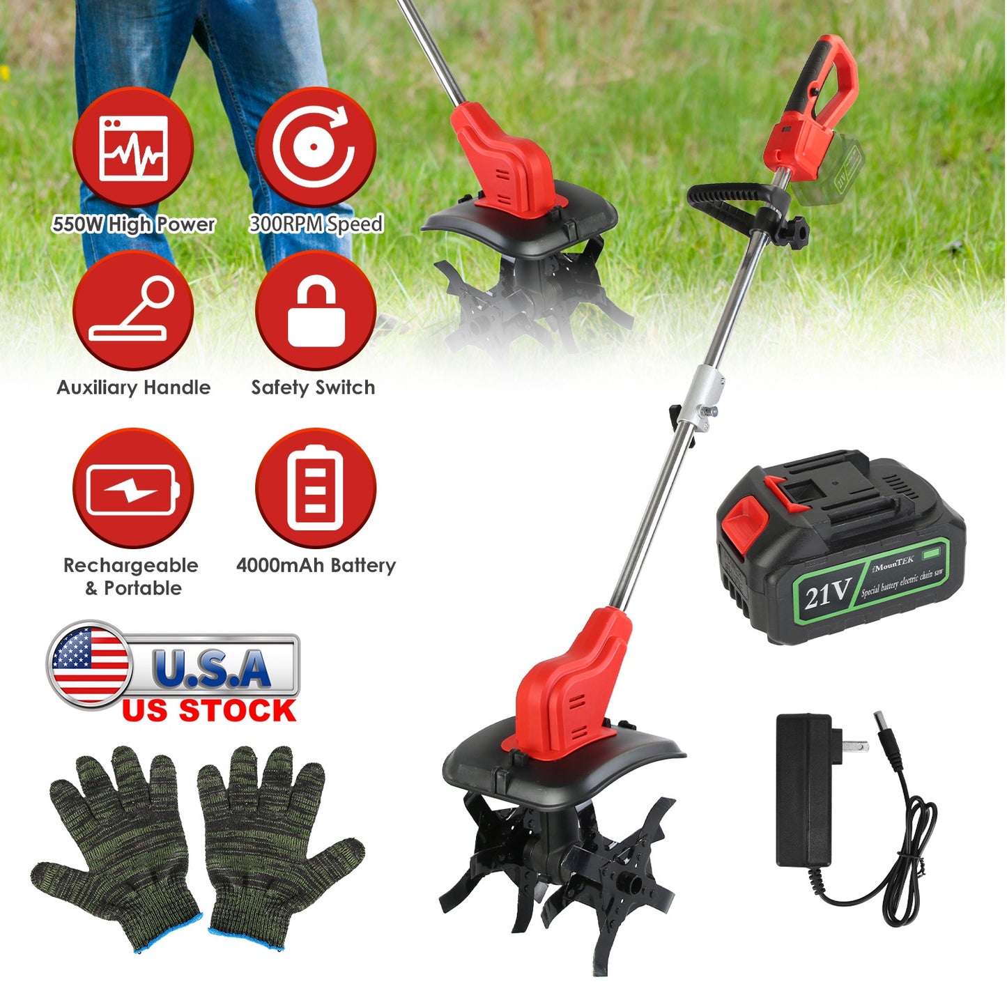 21V Cordless Electric Tiller Cultivator with 4 Blades