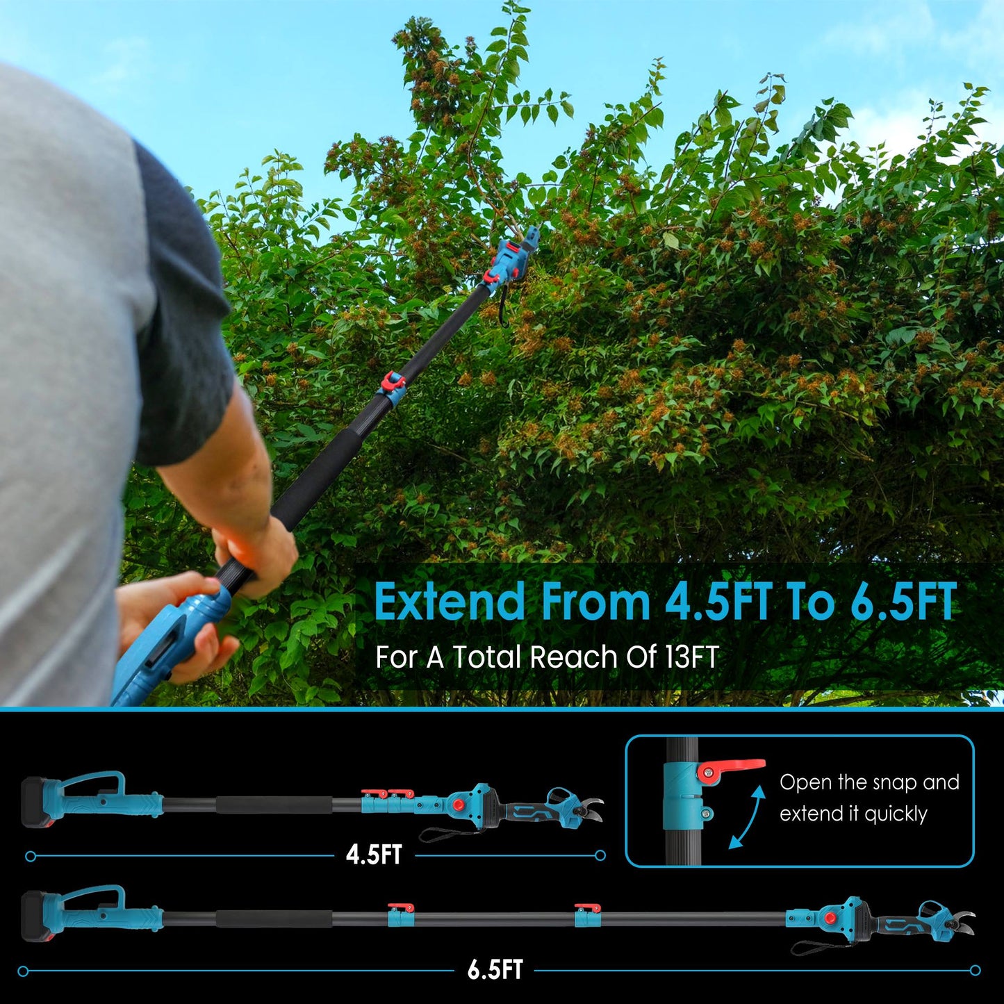 Electric Pruning Shears with 13ft Extension Pole & 2 Batteries