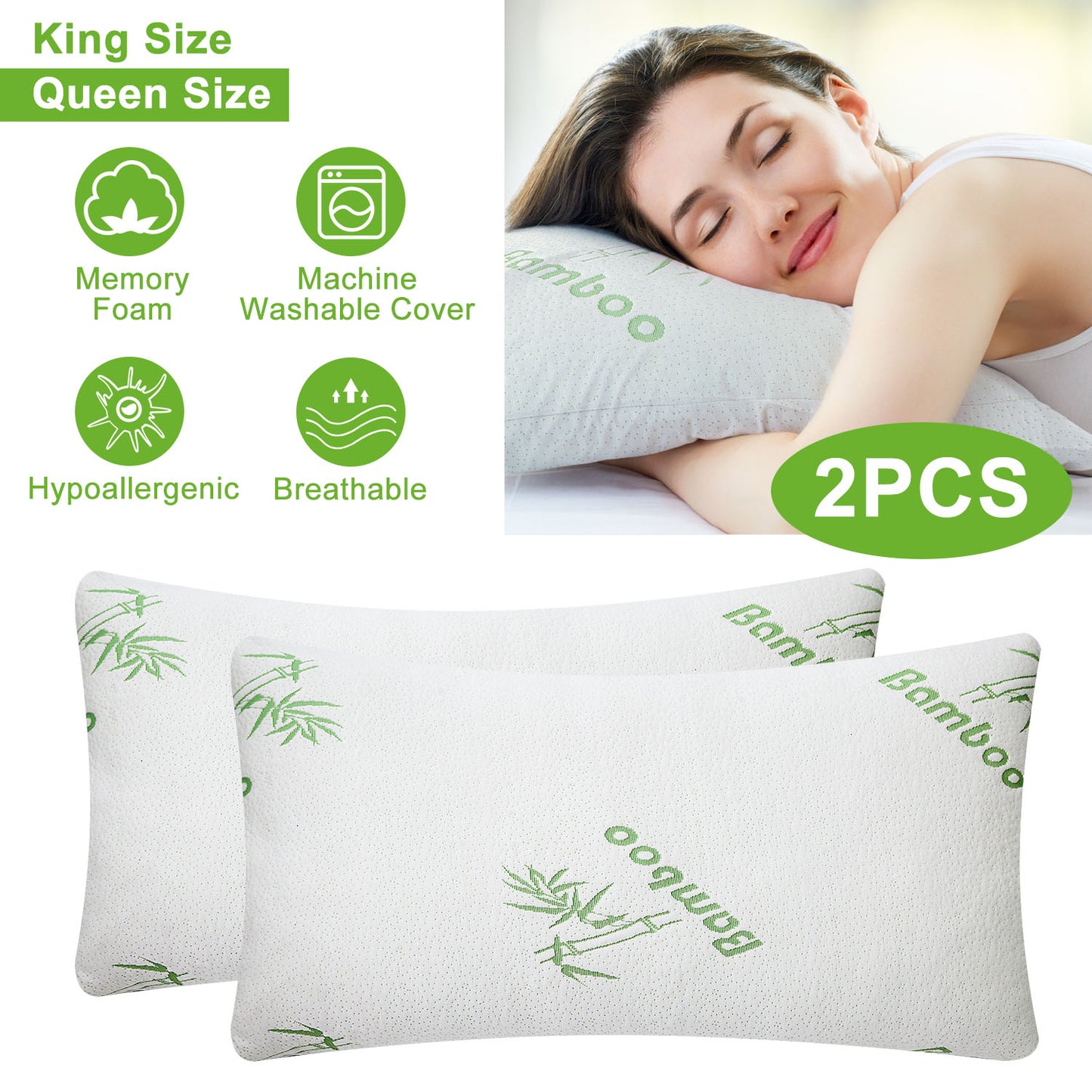 Memory Foam Pillow Set with Bamboo Cover - Queen Size (2-Pack)