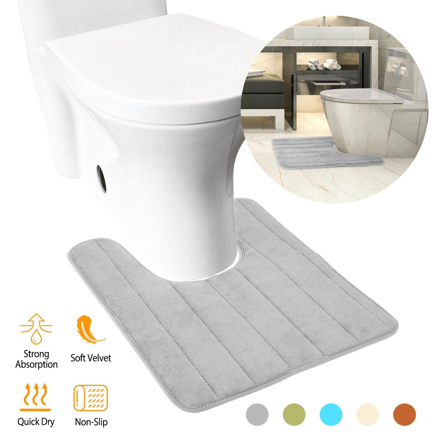 U-Shaped Bathroom Rug Non-Slip Contour Toilet Mat 23.6x19.7in
