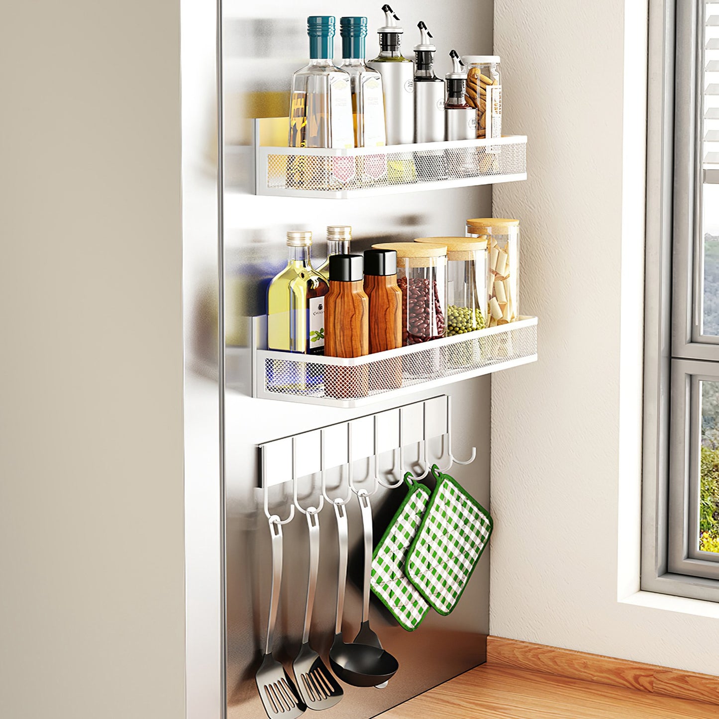 Magnetic Spice Rack 3-Pack with Hooks for Fridge Storage