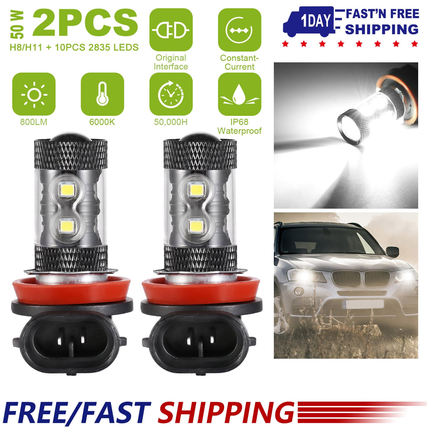 H8/H9/H11 LED Fog Light Bulbs 800LM 6000K White (2-Pack)