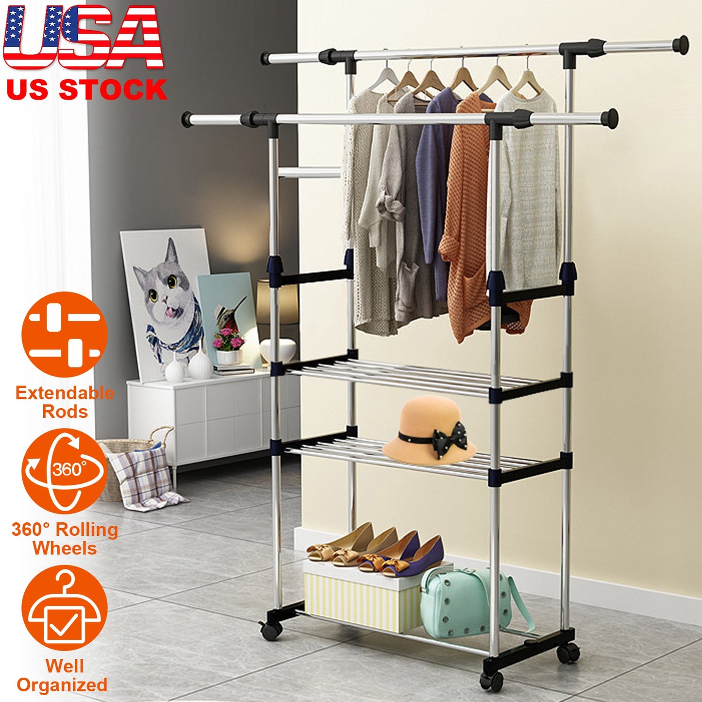 Extendable Garment Rack with Wheels - Adjustable Clothing Rail
