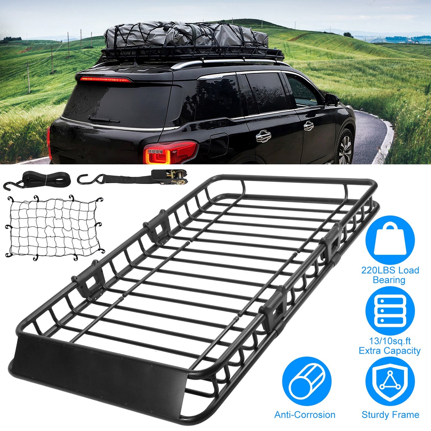 Roof Rack Cargo Carrier 63x39in with Net & Straps