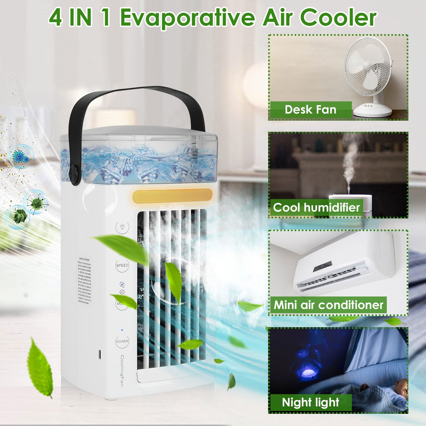 Portable Evaporative Air Cooler with Mist & 3 Speed Fan