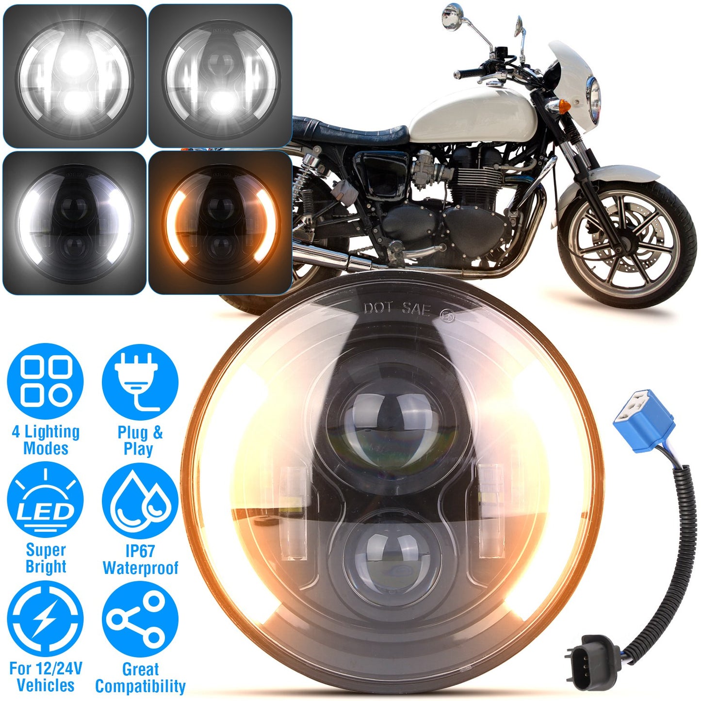 7 Inch Round LED Headlight with Halo DRL & Turn Signal