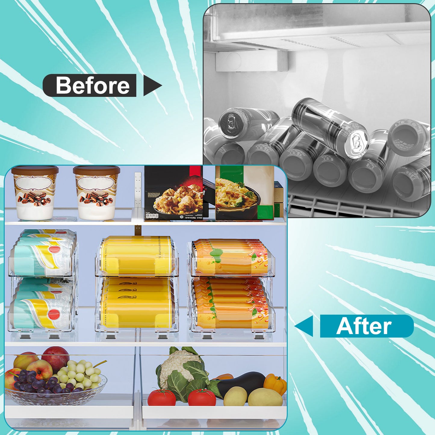 Adjustable Soda Can Organizer 2-Pack with Auto-Rolling Dispenser