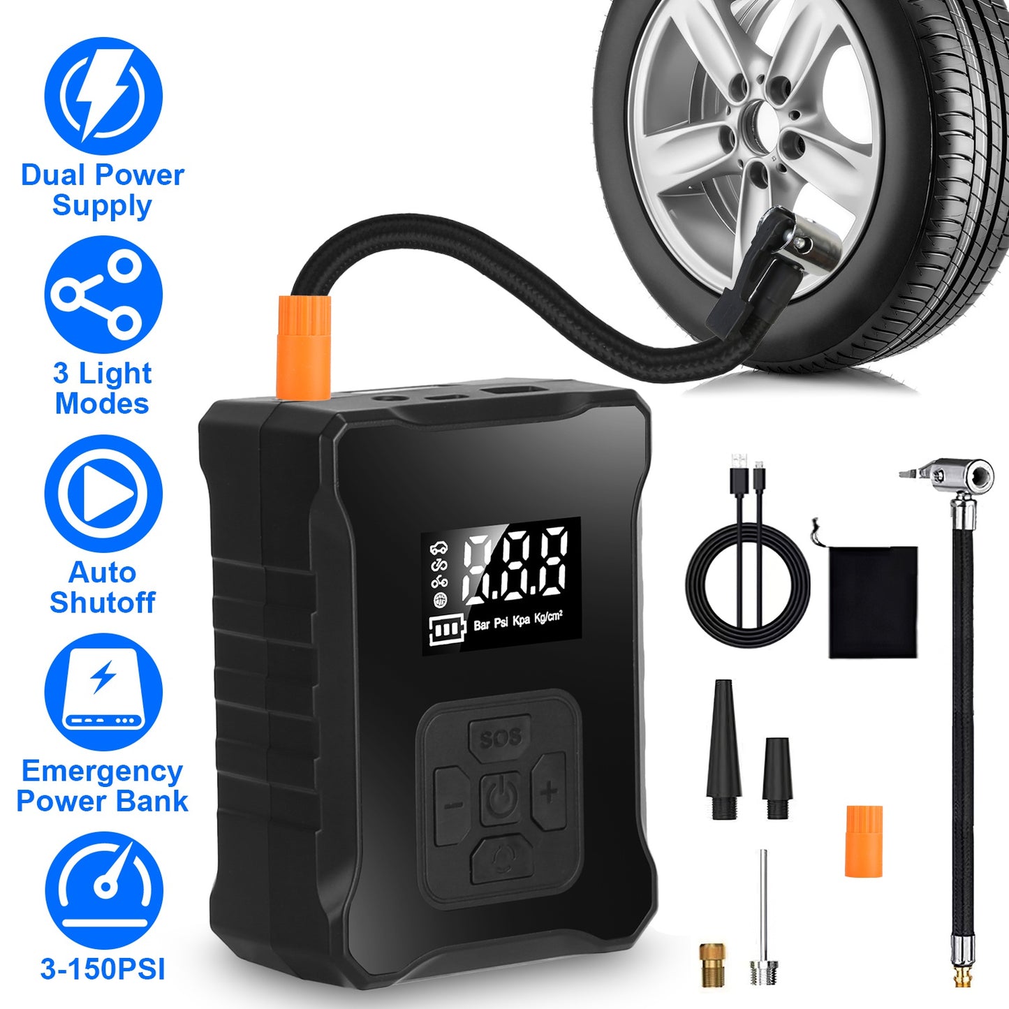 Cordless Tire Inflator 150PSI with LED Light & Power Bank