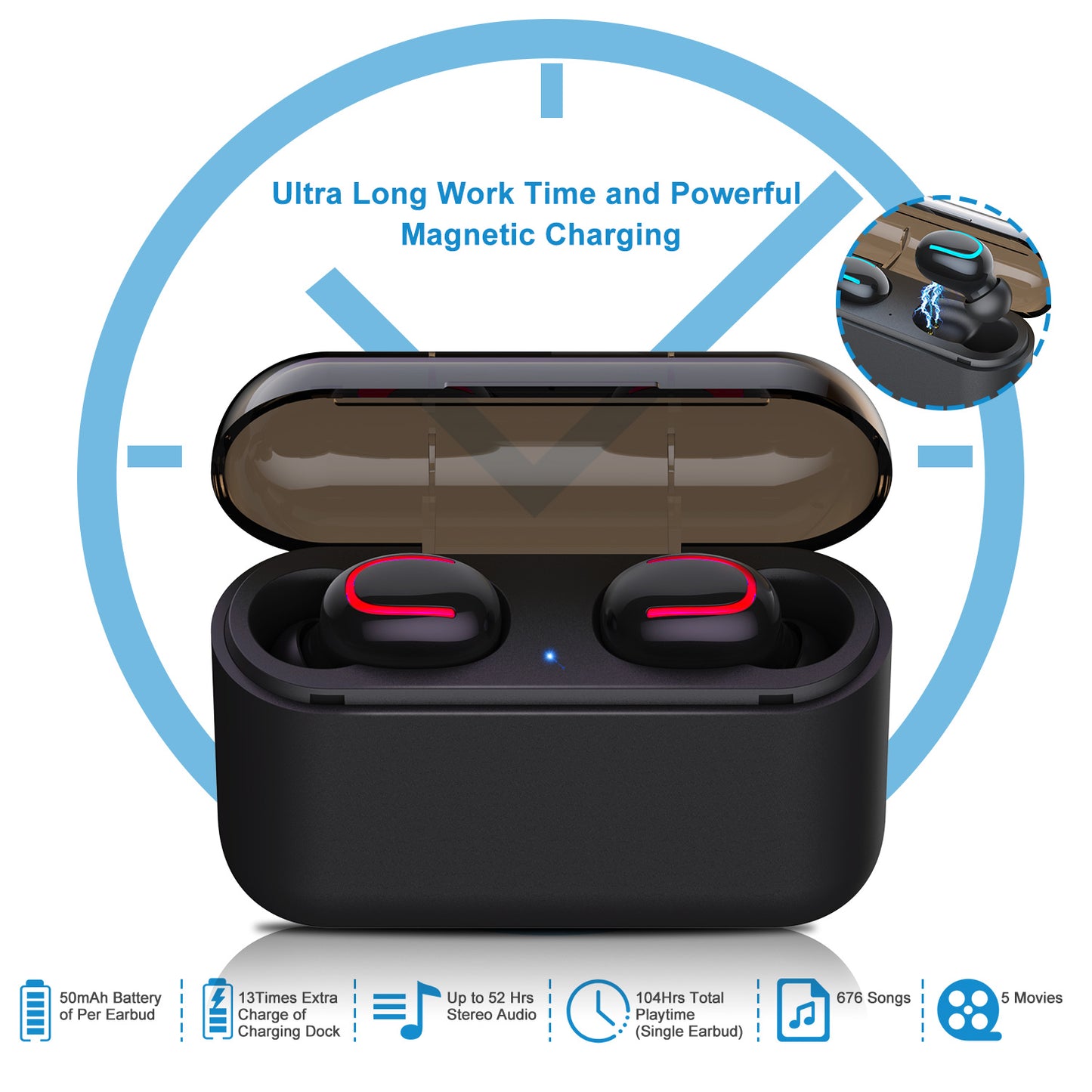 Wireless Earbuds with Magnetic Charging Dock & Noise Canceling