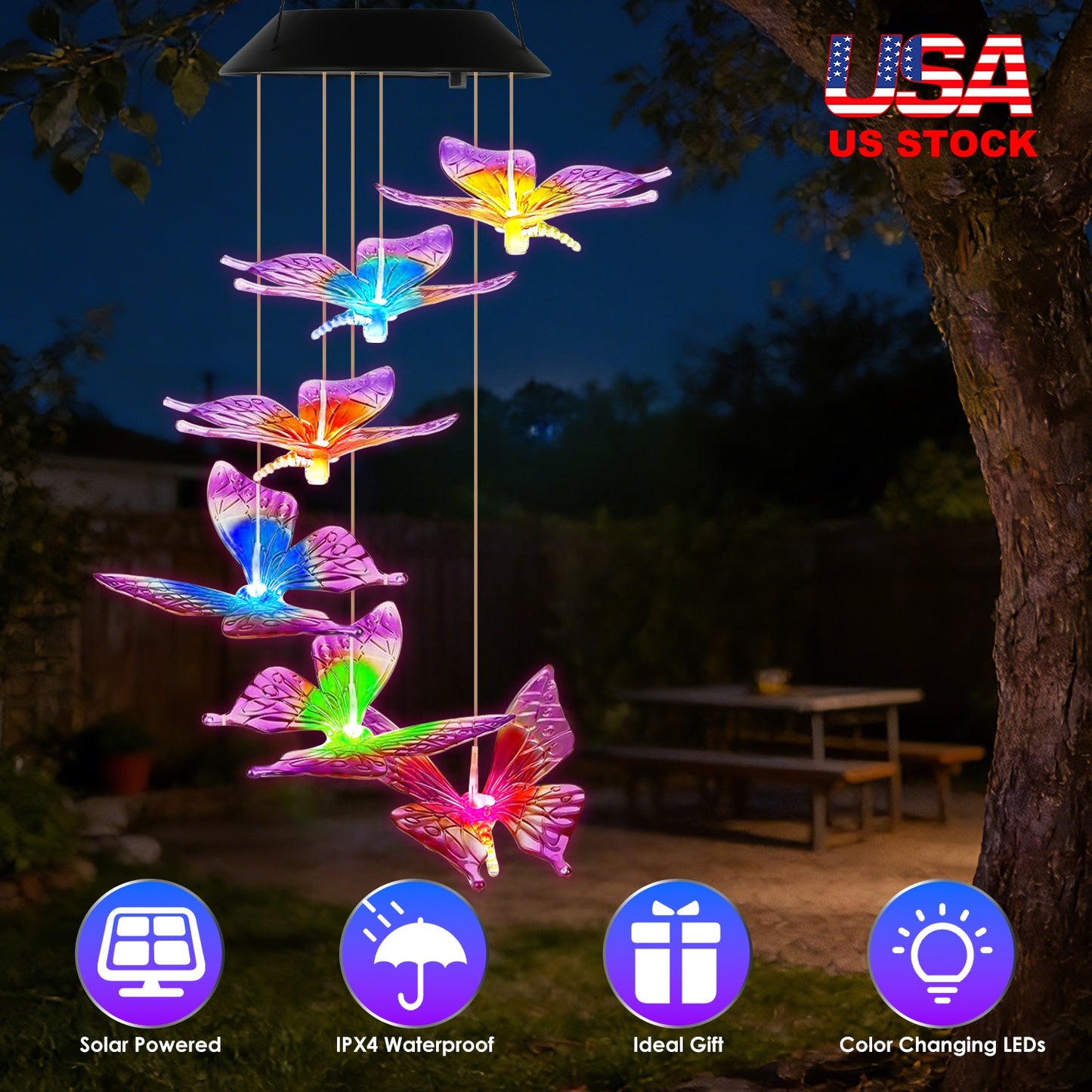 Solar Butterfly Wind Chimes with Color Changing LED Lights
