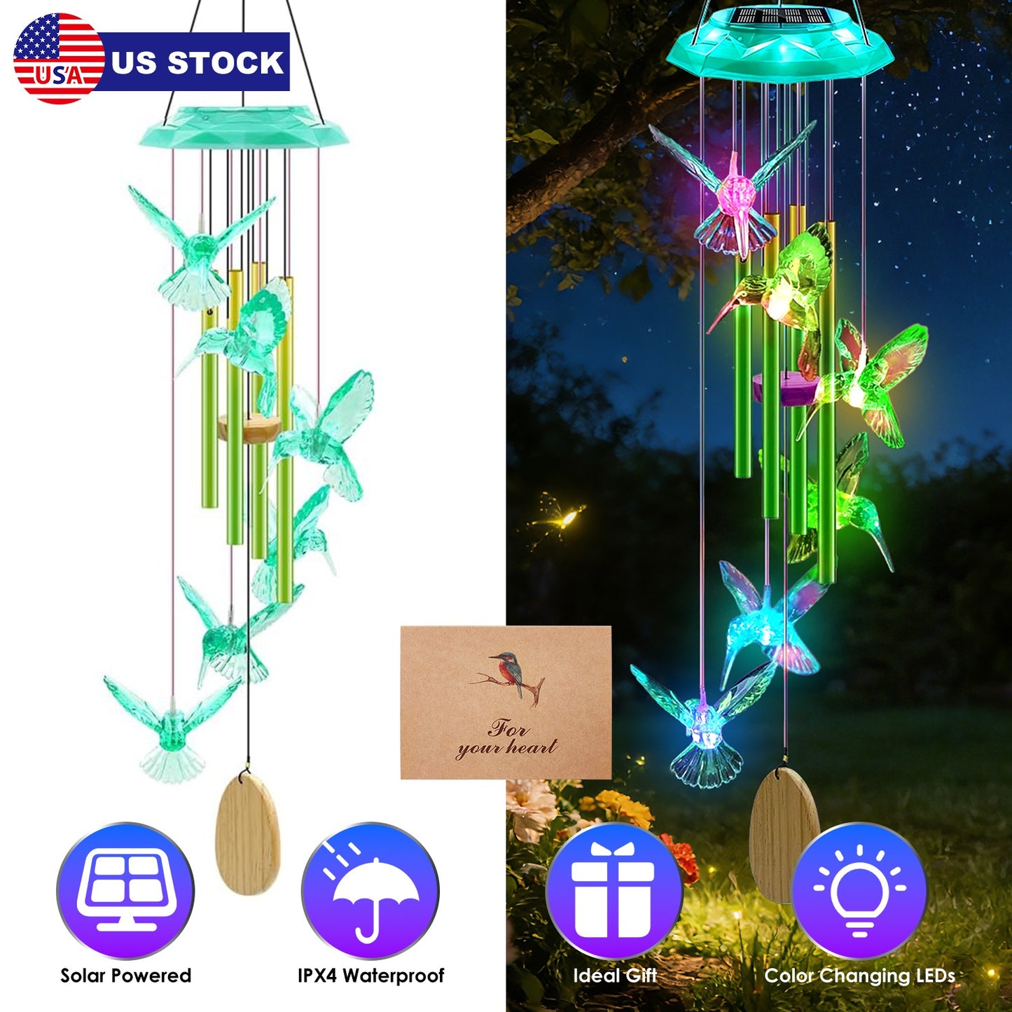 Solar Wind Chime with Color-Changing LED Lights & Aluminum Tubes
