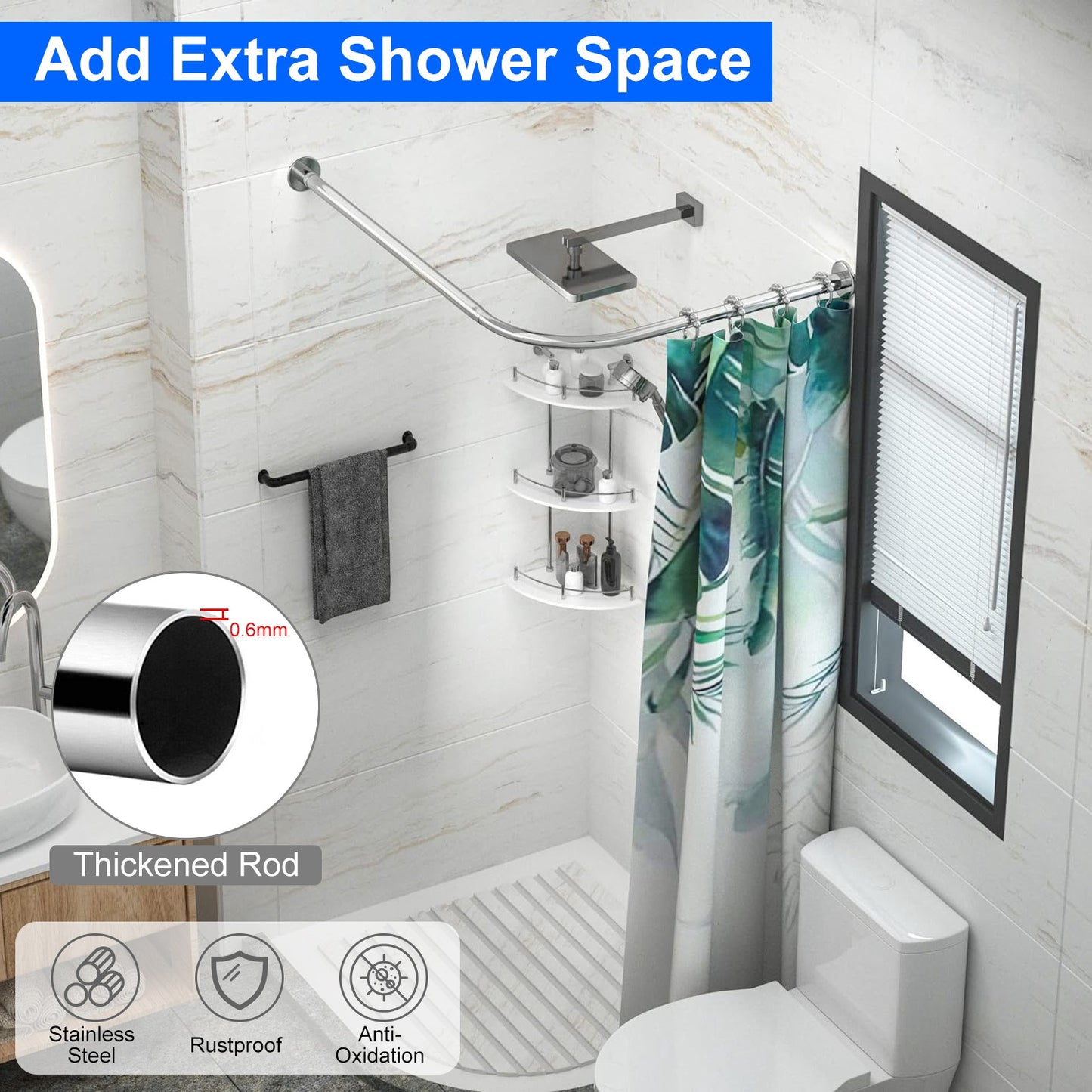 L-Shaped Curved Shower Curtain Rod - Stainless Steel