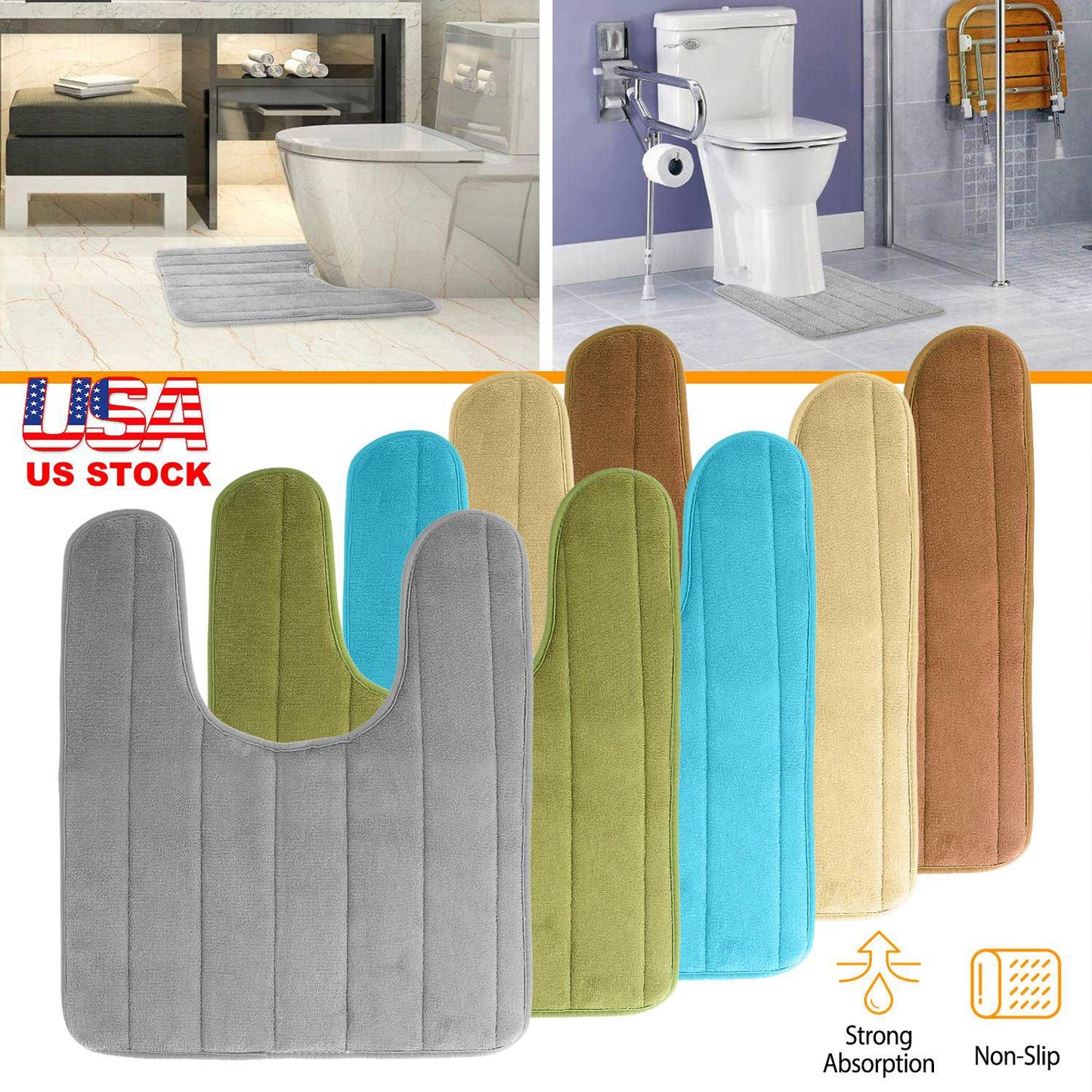 U-Shaped Bathroom Rug Non-Slip Contour Toilet Mat 23.6x19.7in