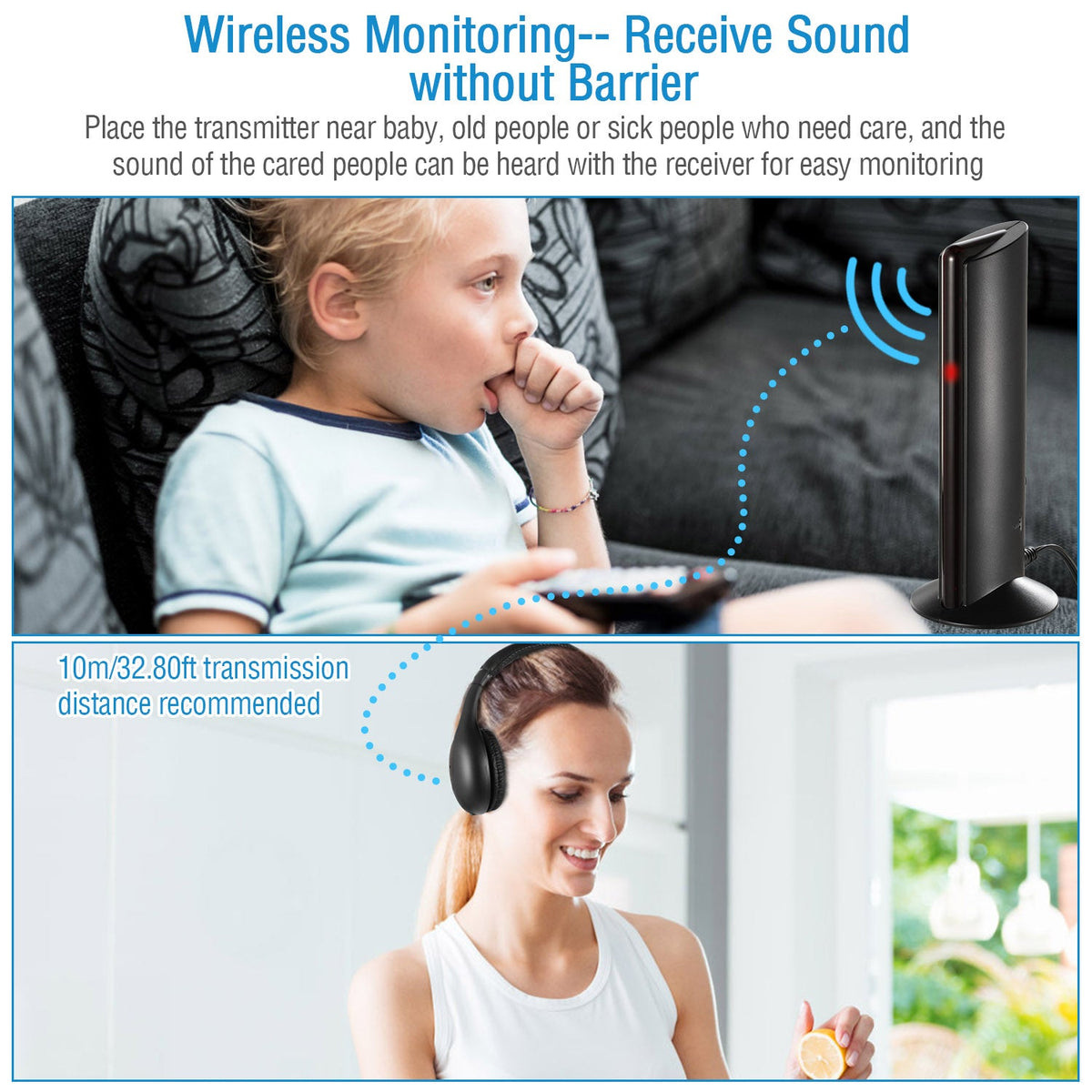 Wireless RF Headphones HiFi Over-Ear Headsets RF Transmitter Receiver w/ MicY-shaped Cable Monitoring Earphone 98.4ft Range for TV Radio CD