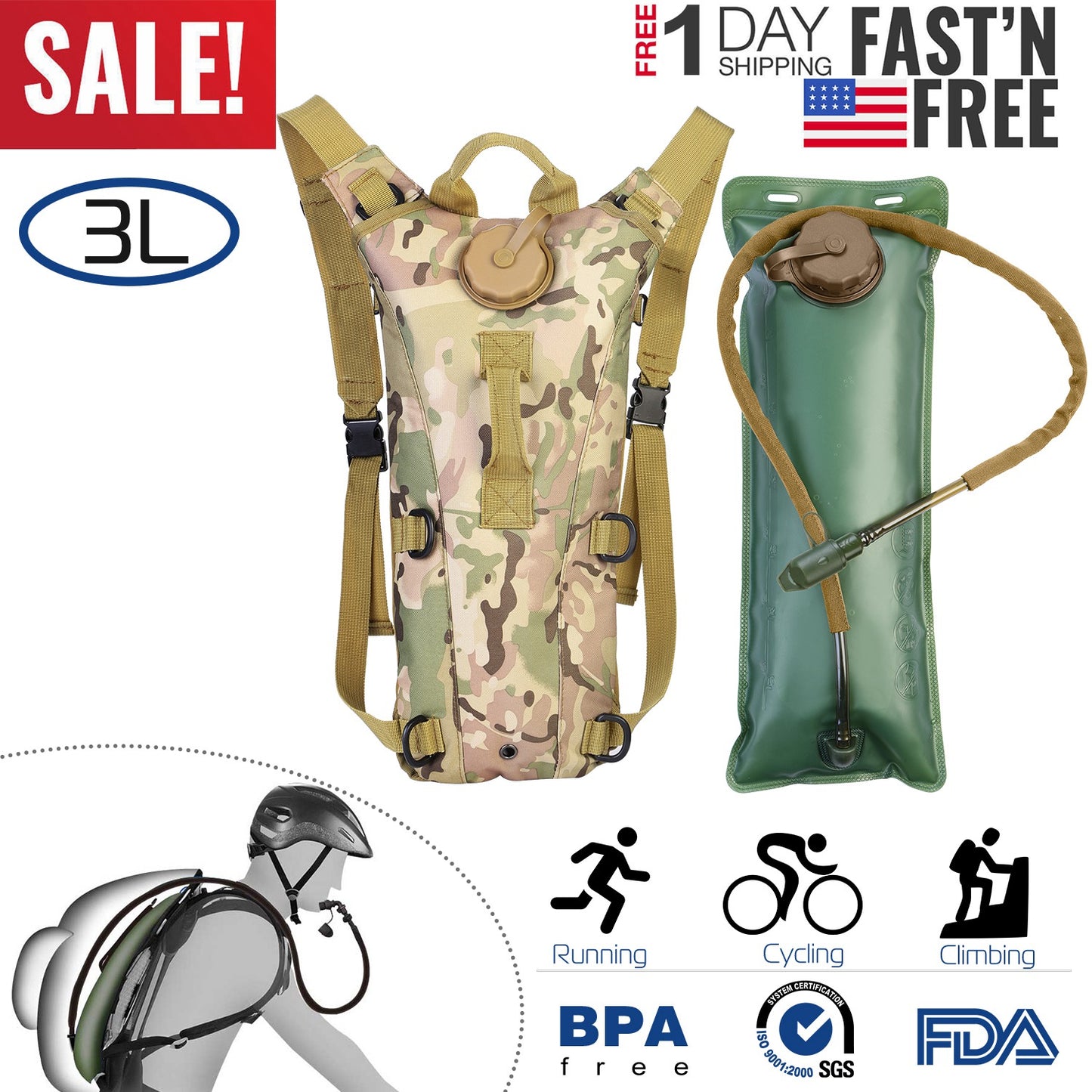 Tactical Hydration Pack with 3L Water Bladder