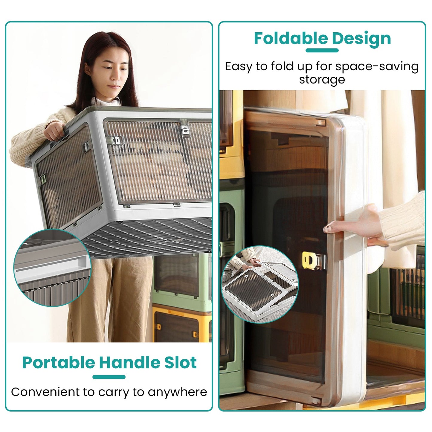 Foldable Storage Bins with Lids & Wheels - 3 Pack Stackable