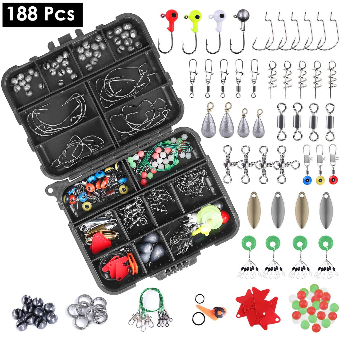 188-Piece Fishing Tackle Kit with Hooks, Weights & Storage Box