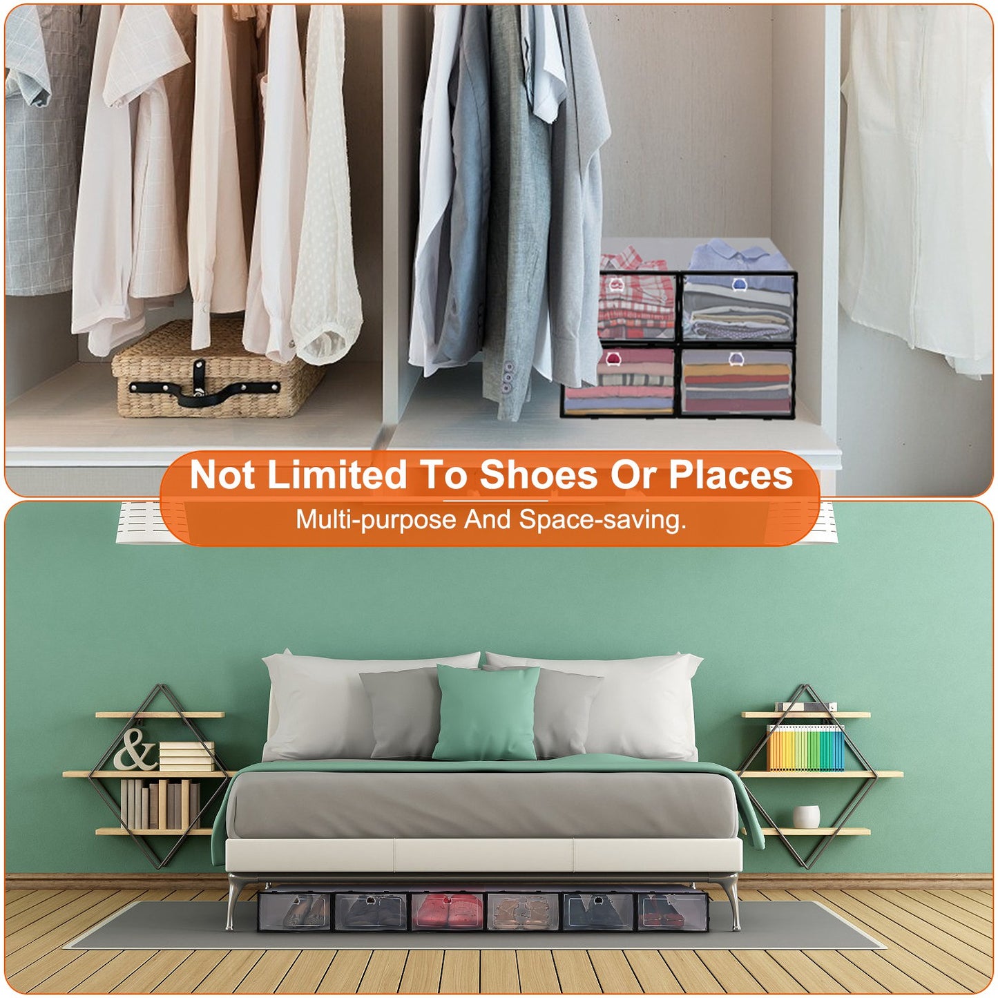 Collapsible Shoe Storage Boxes - Stackable Clear Organizer (6-Pack)