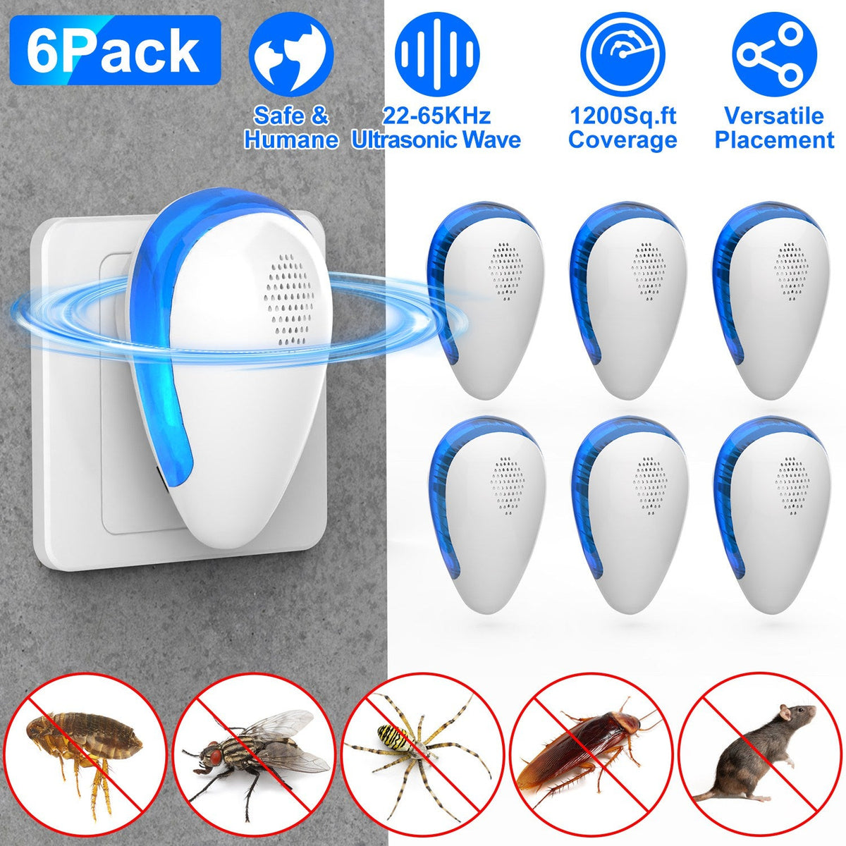 6 Pack Ultrasonic Pest Repeller Indoor Plug In Bug Repellent Mosquito Spider Ant Roaches Mice Control for Bedroom Garage Warehouse Office