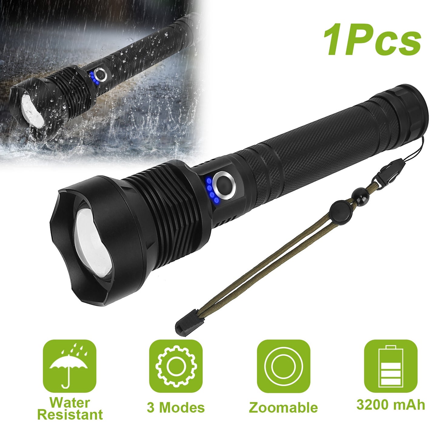 Rechargeable LED Tactical Flashlight 30000LM Zoomable