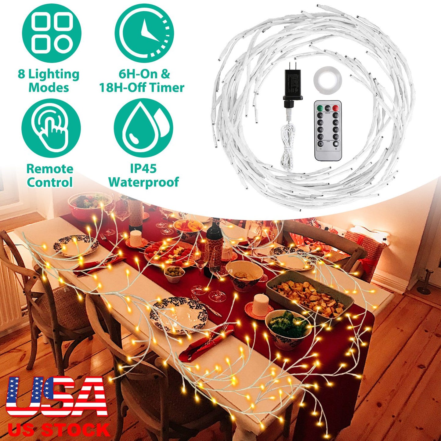 Lighted Birch Garland 7.87FT with 144 LED Warm White Lights