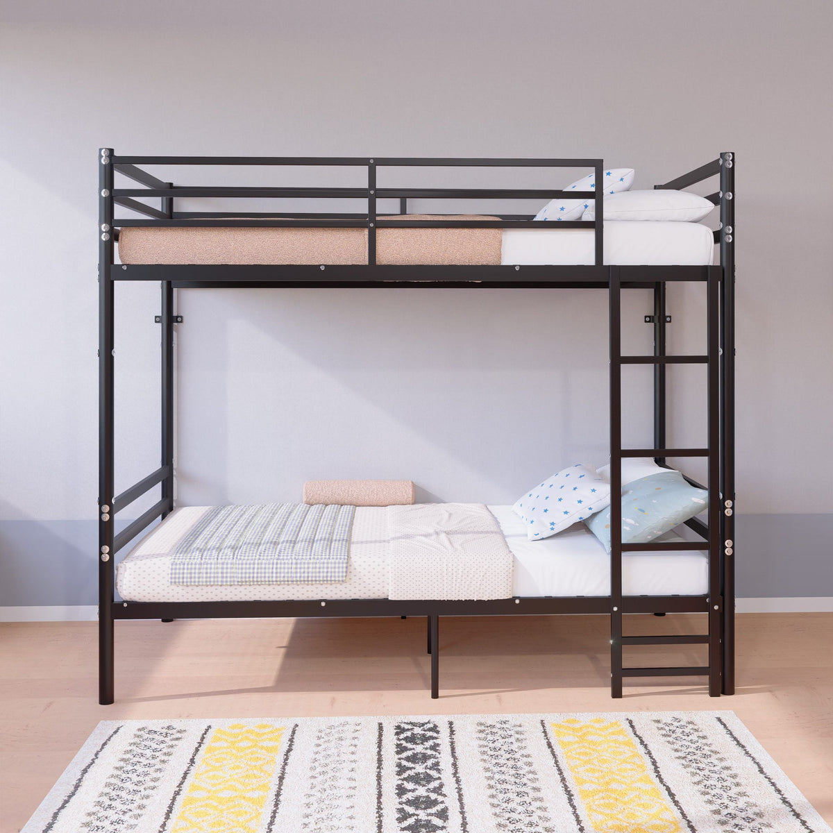 Twin Over Twin Metal Bunk Bed with Ladder and Guardrails