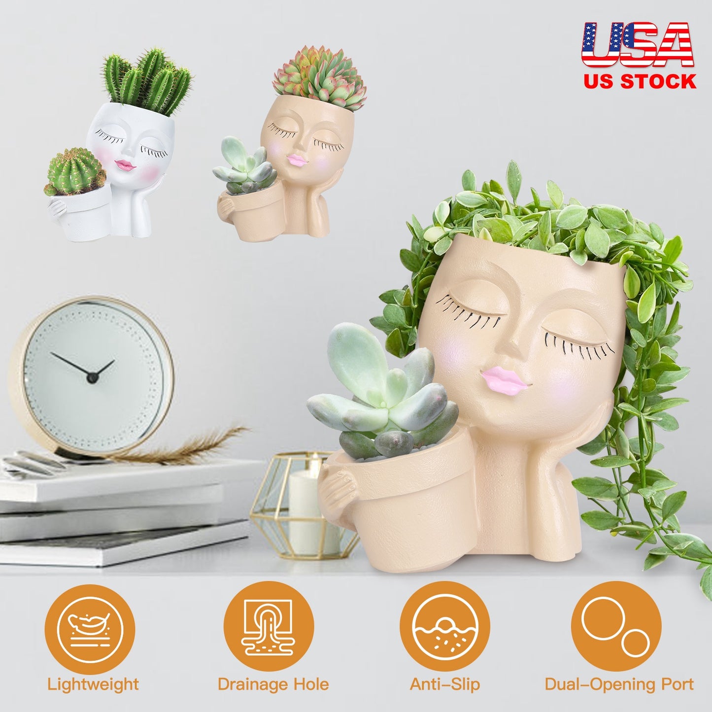 Girl Face Planter Pot with Dual Opening & Drainage Hole