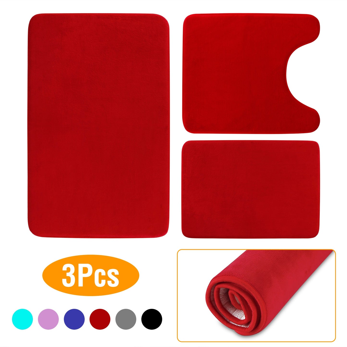 Bathroom Rug Set 3-Piece Plush Memory Foam Non-Slip