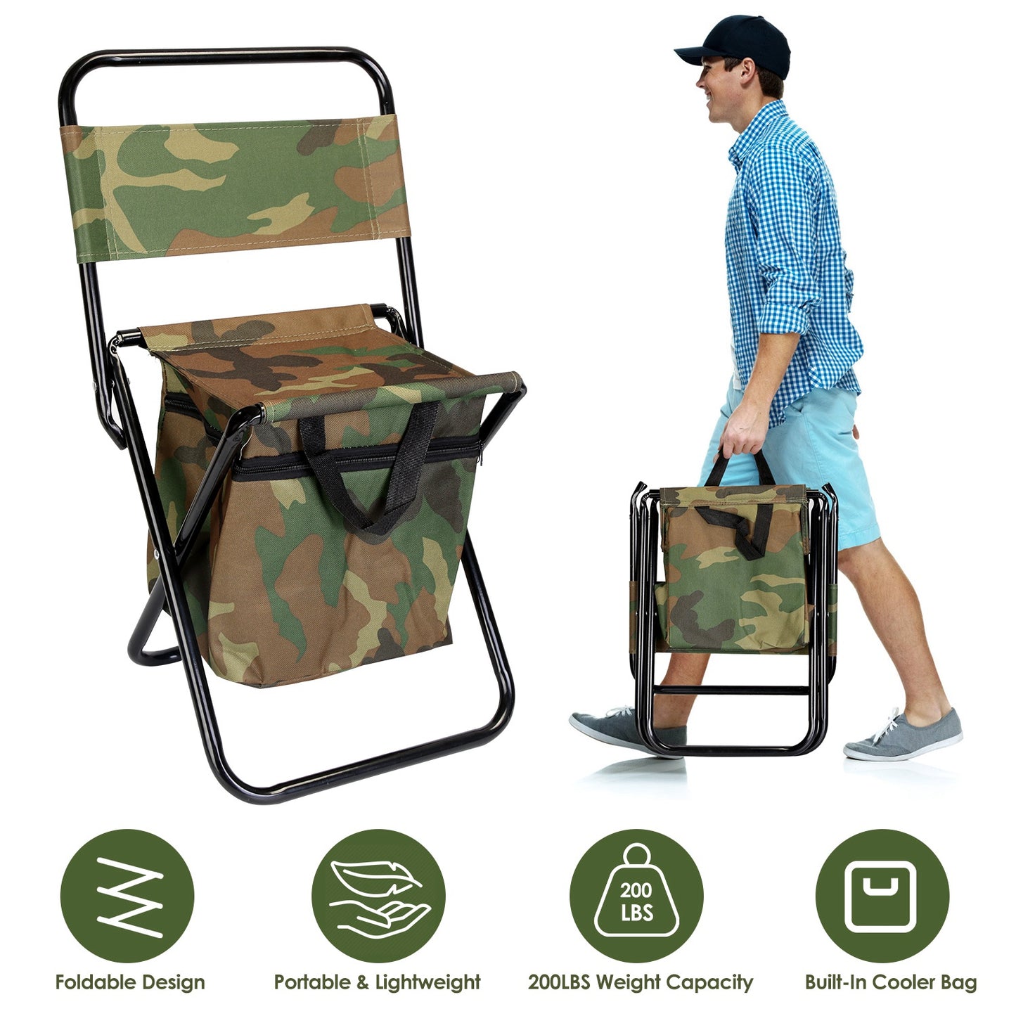 Foldable Fishing Chair with Built-In Cooler Bag and Backrest