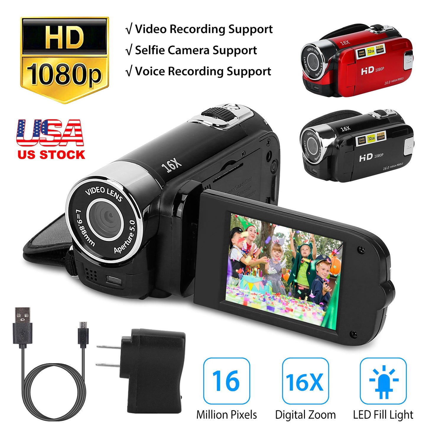 Digital Video Camcorder 1080P HD with 16X Zoom & Fill Light