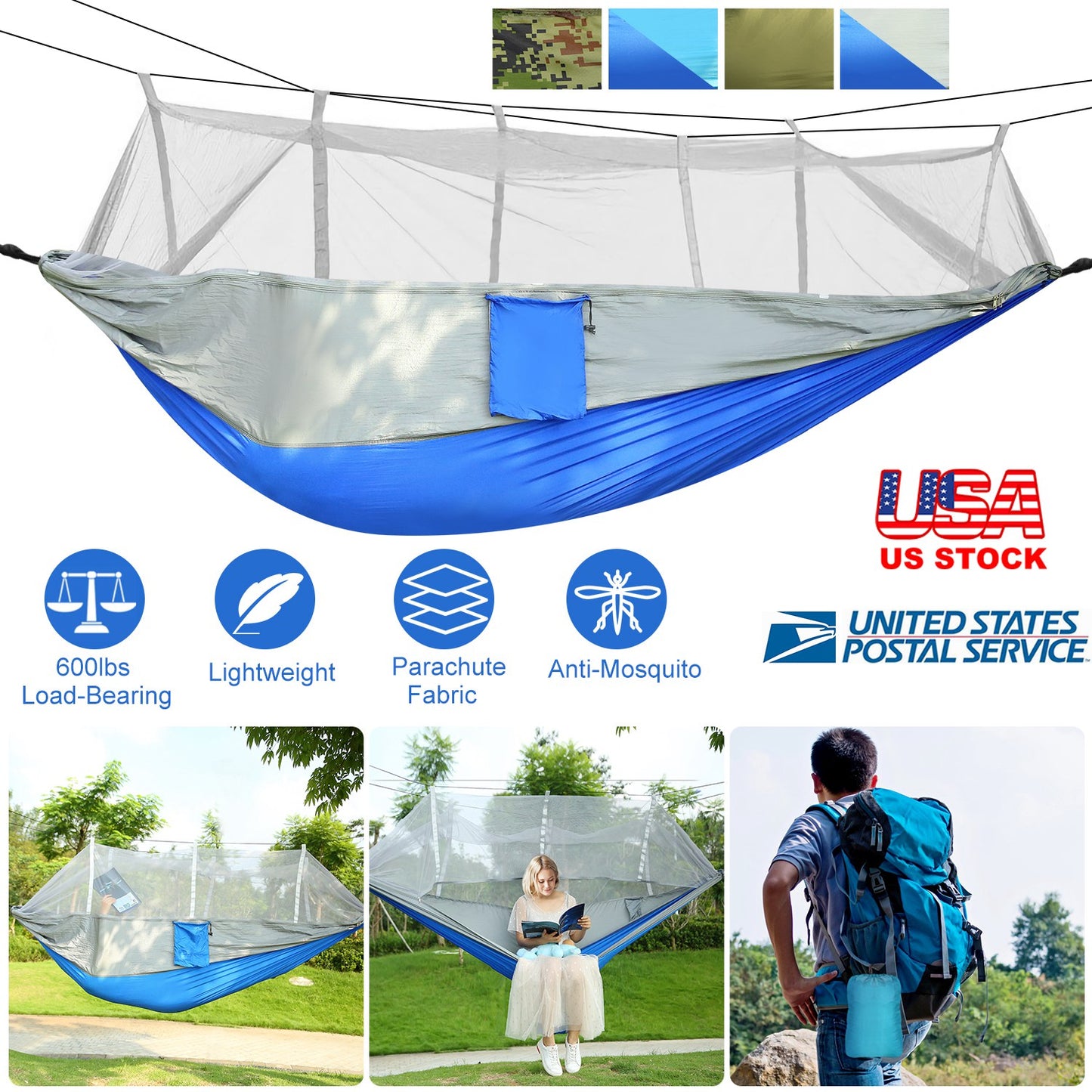 Camping Hammock with Mosquito Net - 600lb Capacity for 2 People