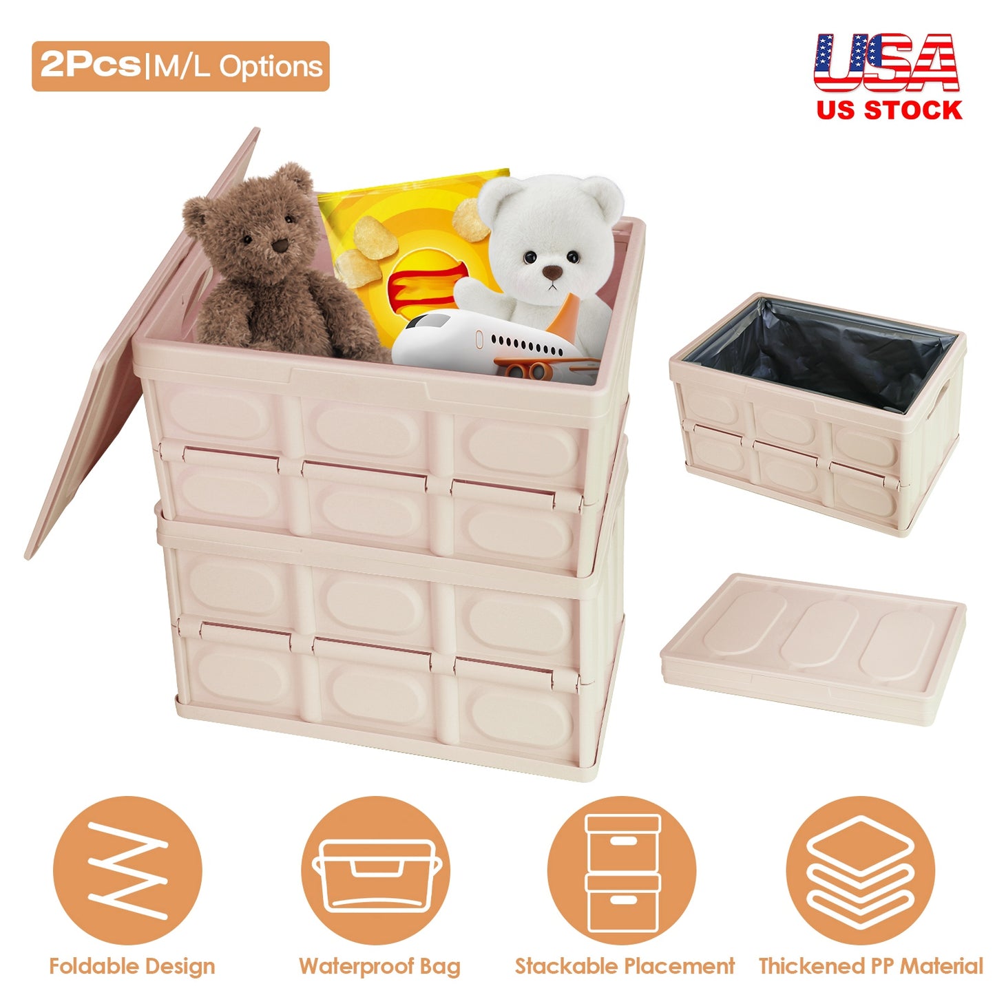 Collapsible Storage Bins with Lids - 2 Pack Stackable Organizer