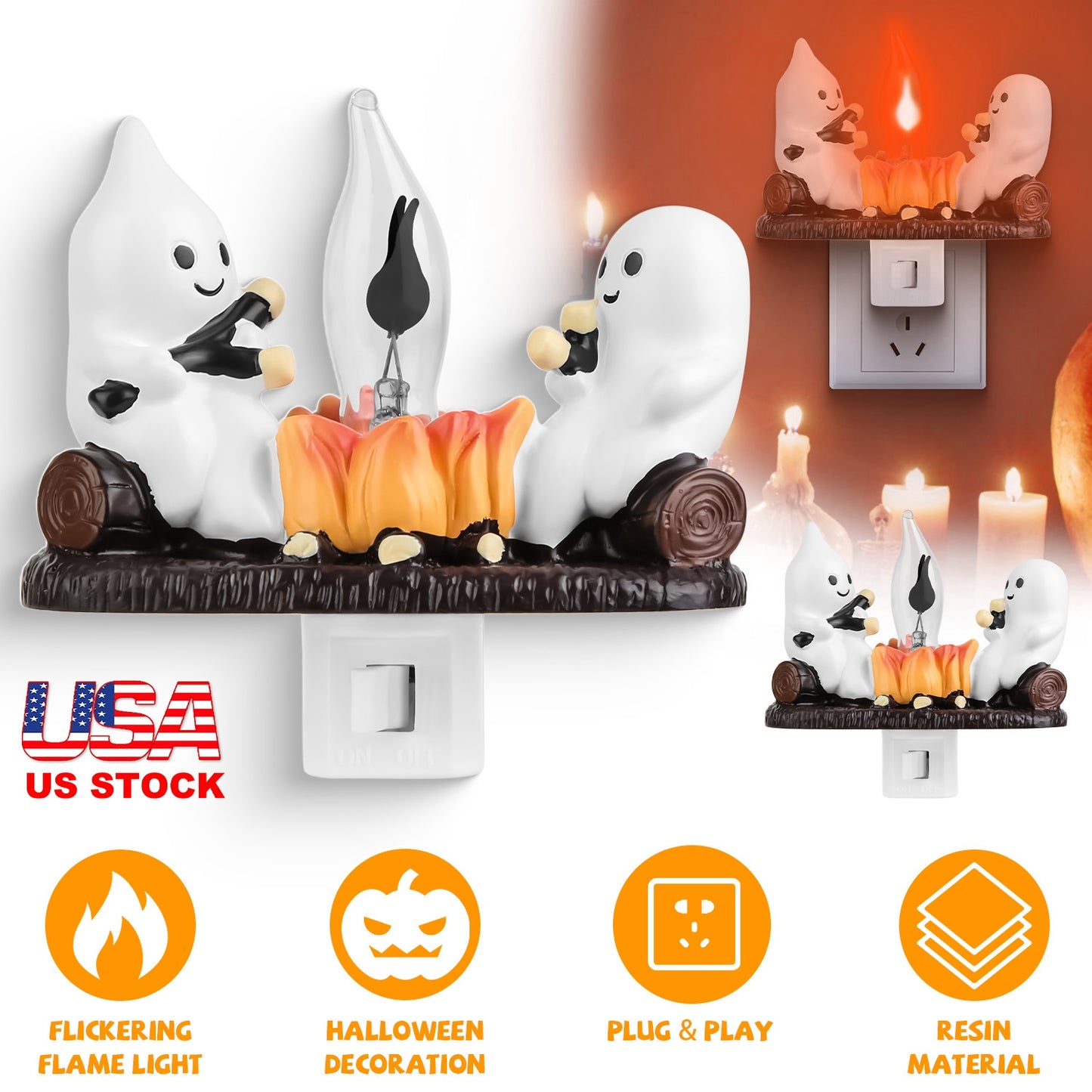 Ghost Campfire Flickering Night Light - 2 Pack Halloween Decor