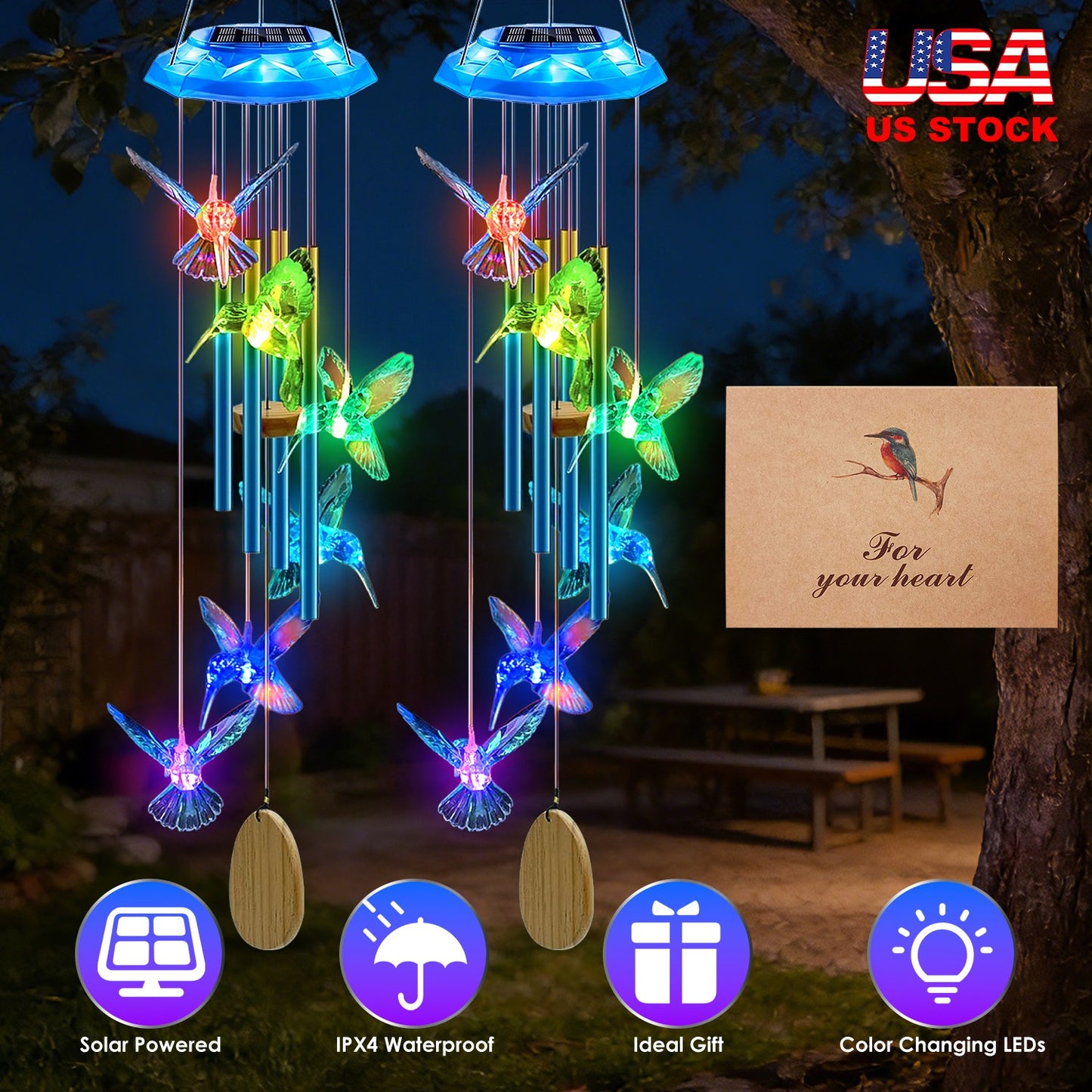 Solar Wind Chime with Color-Changing LED Lights & Aluminum Tubes