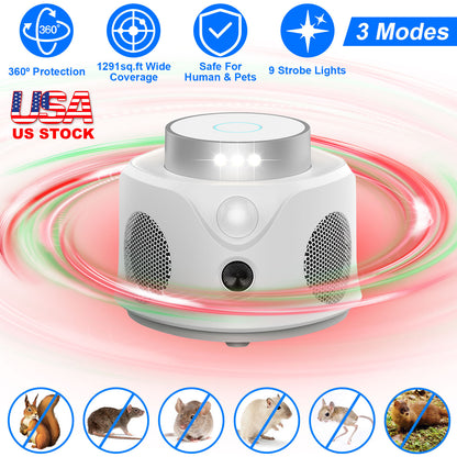 Ultrasonic Rodent Repeller with 360° Protection & LED Lights
