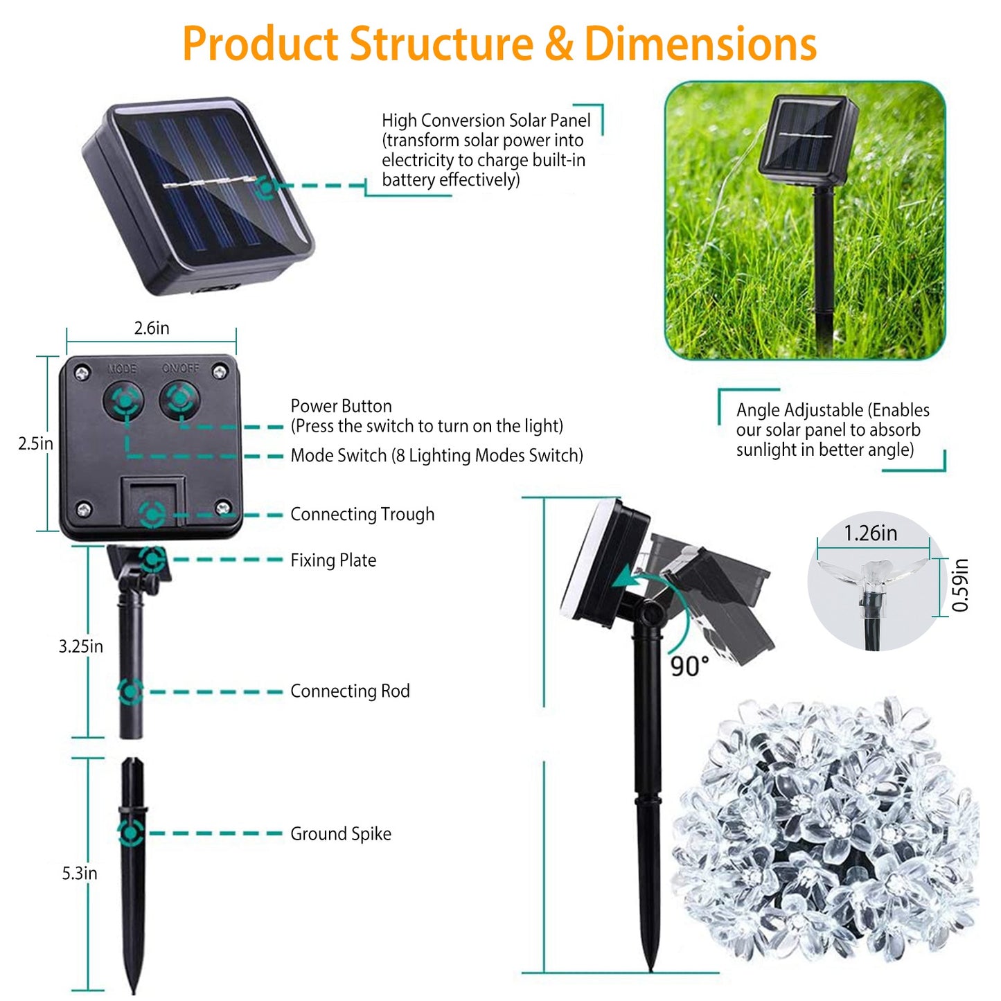 Solar Flower String Lights 50 LED Sakura Blossom 23ft Waterproof