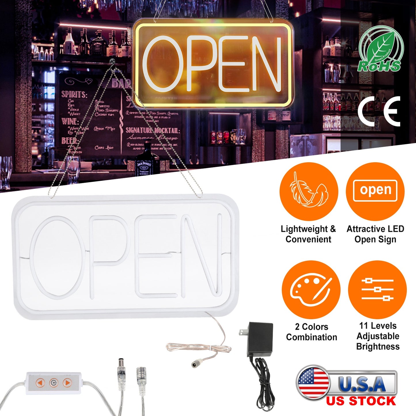 LED Open Sign 16.5x9.1in with 11 Brightness Levels