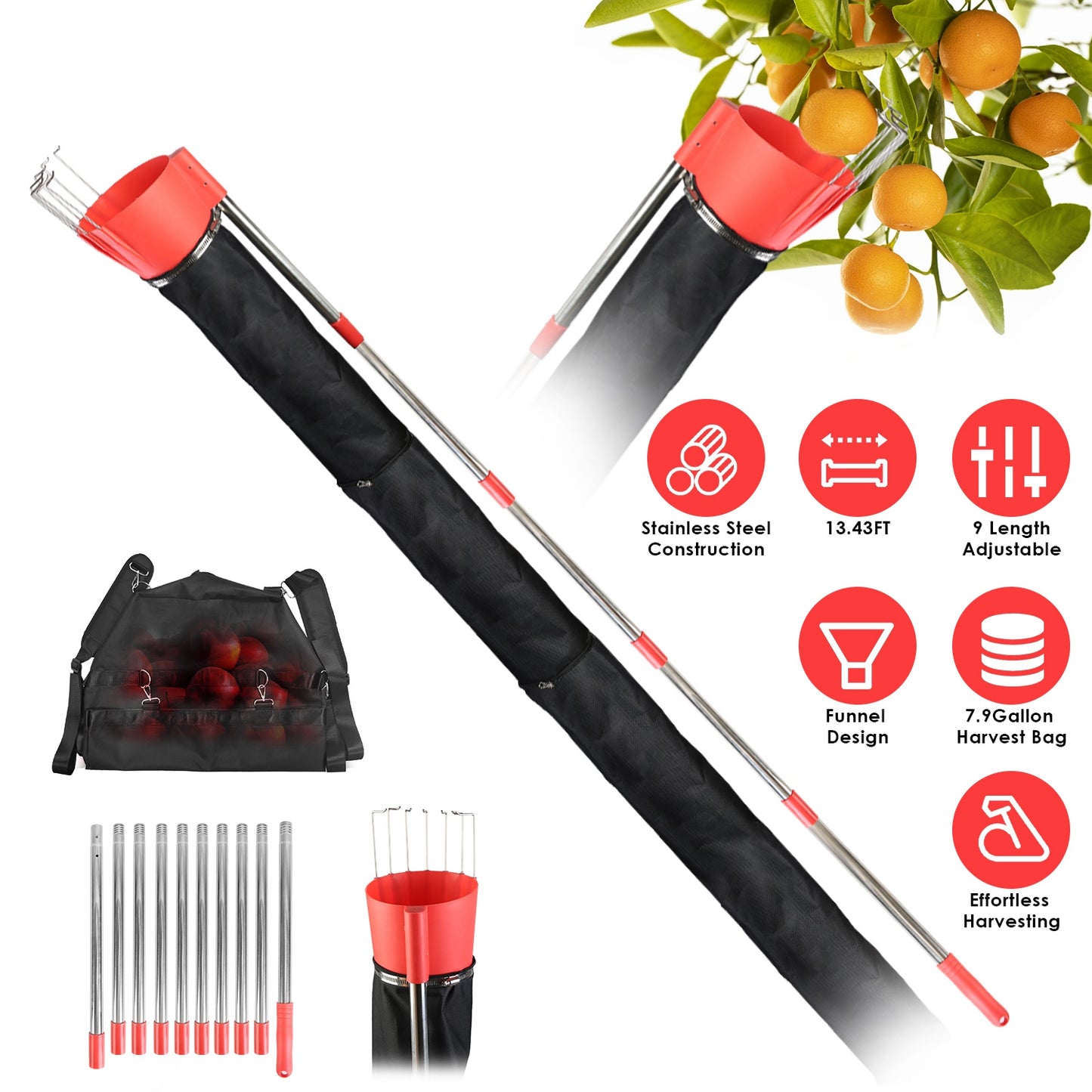 Fruit Picker Pole with Harvest Bag - 13.43ft Telescopic Reach