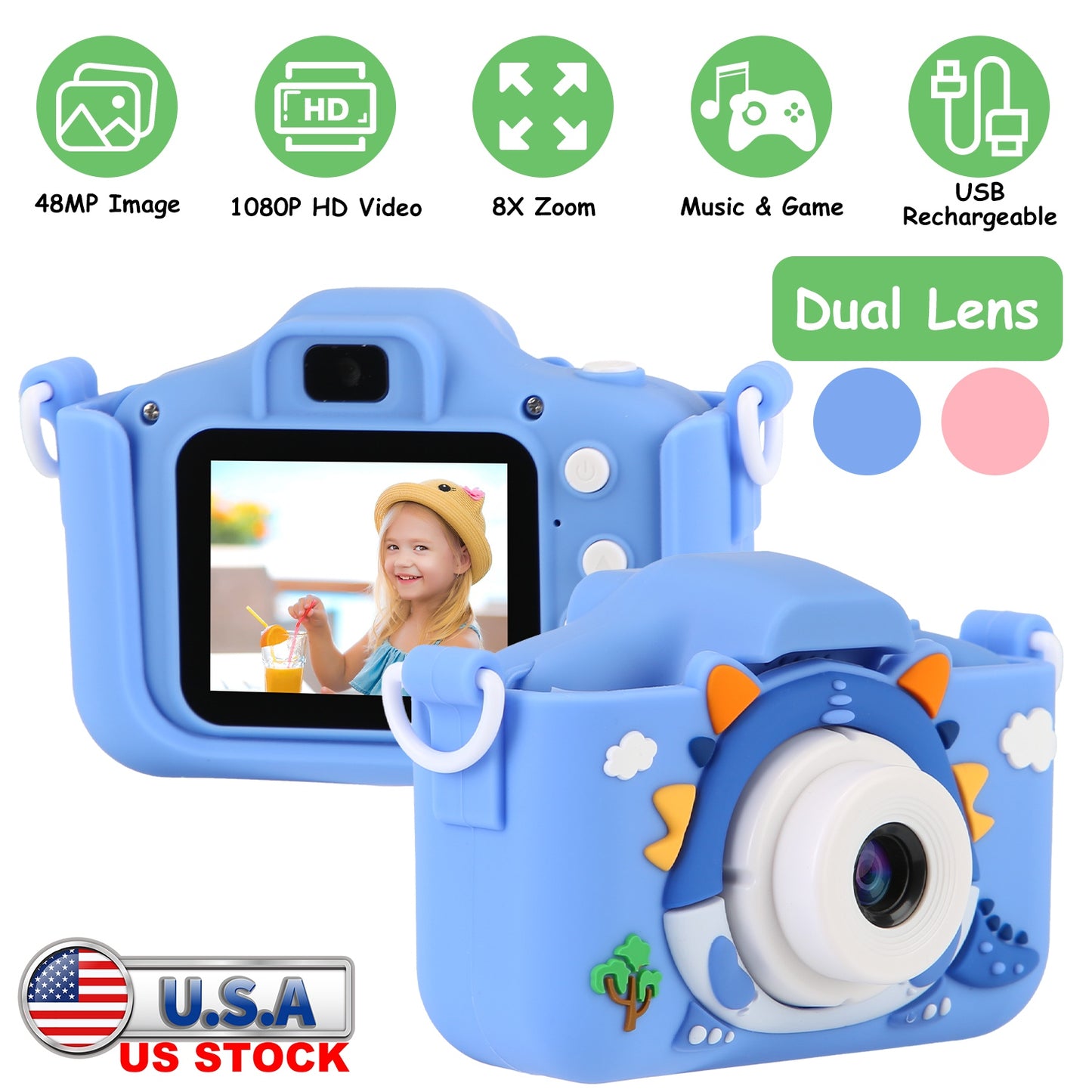 Kids Selfie Camera 48MP 1080P HD with Dinosaur Case