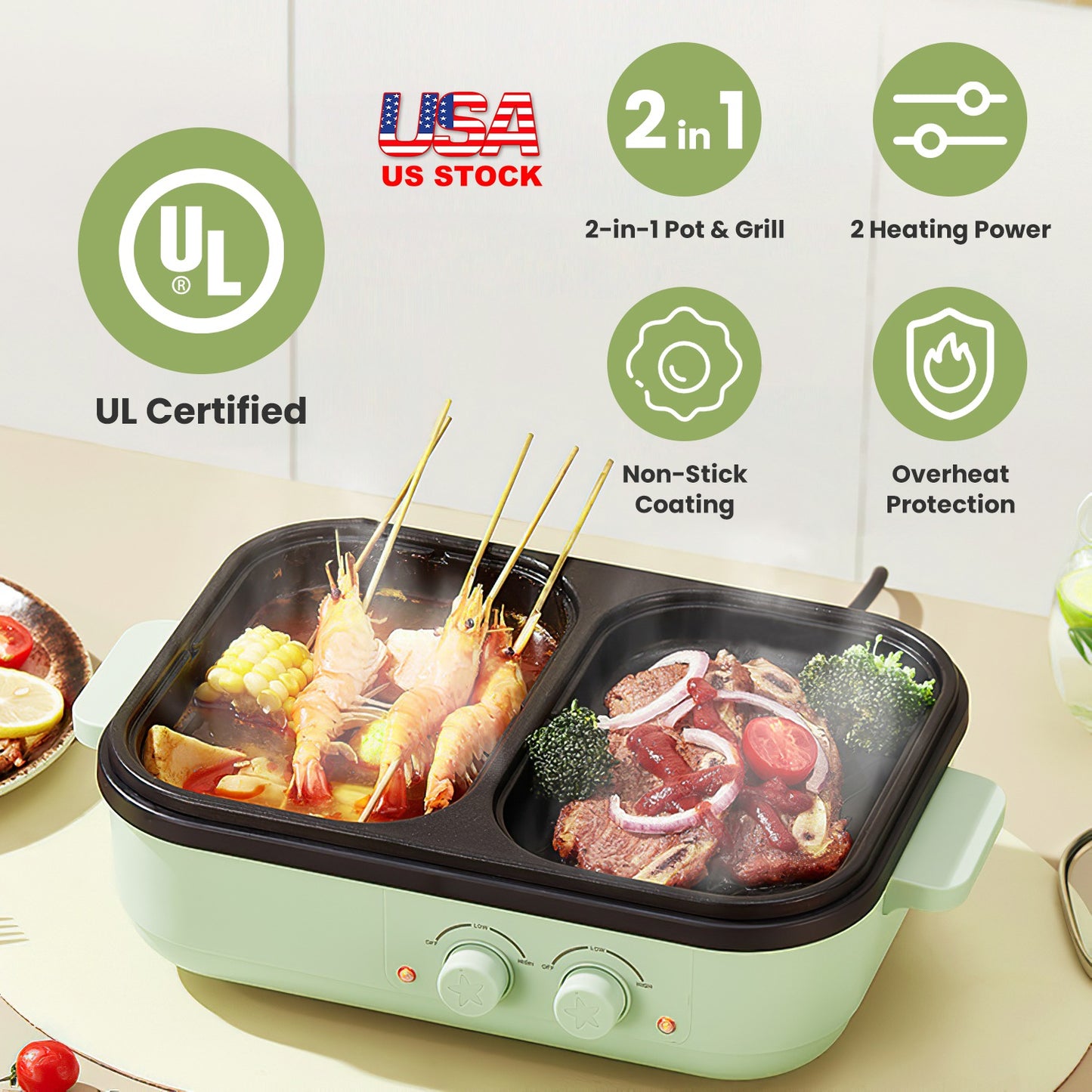 Electric Hot Pot with Grill 2-in-1 Combo for 1-2 People