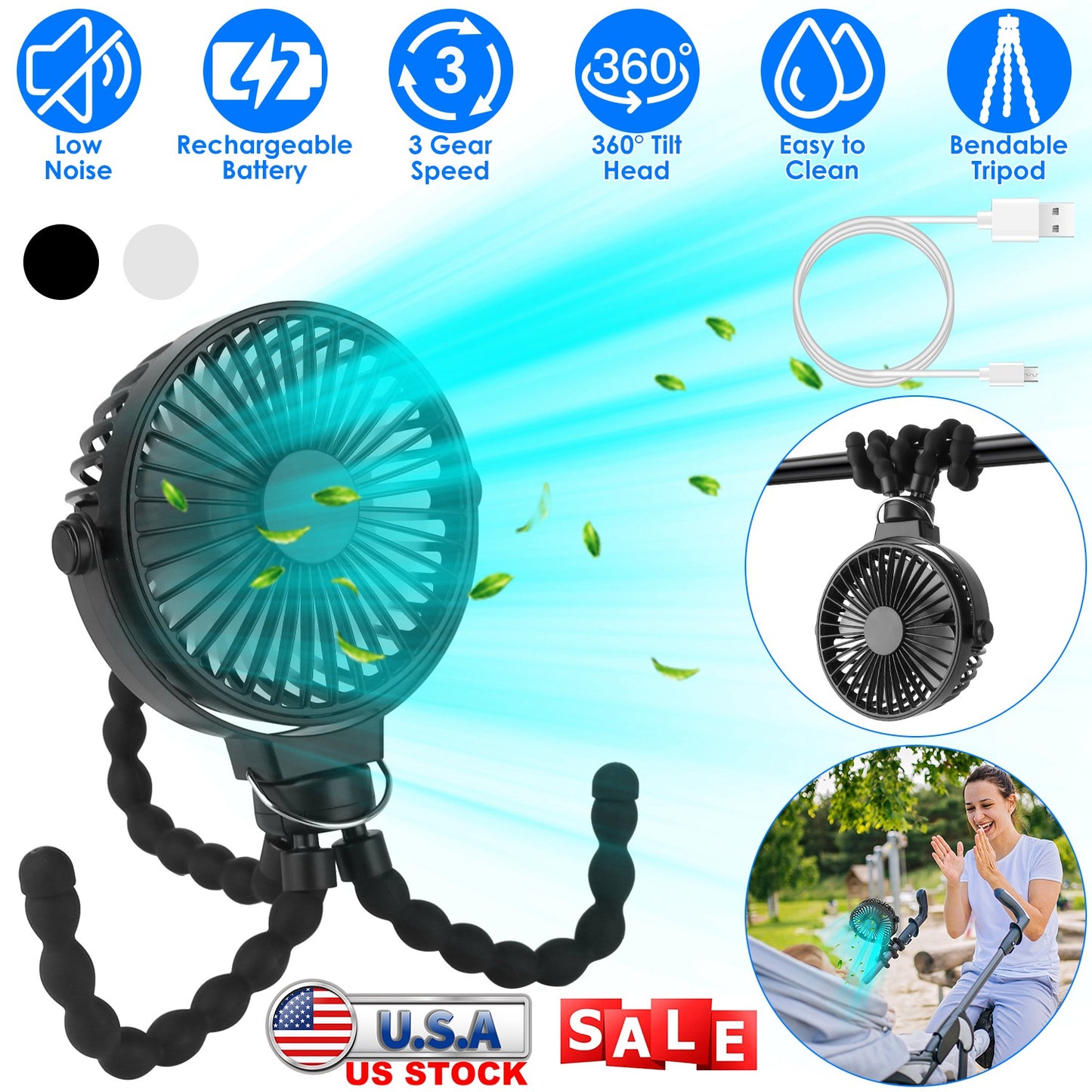 Portable Stroller Fan with Flexible Tripod & Rechargeable Battery