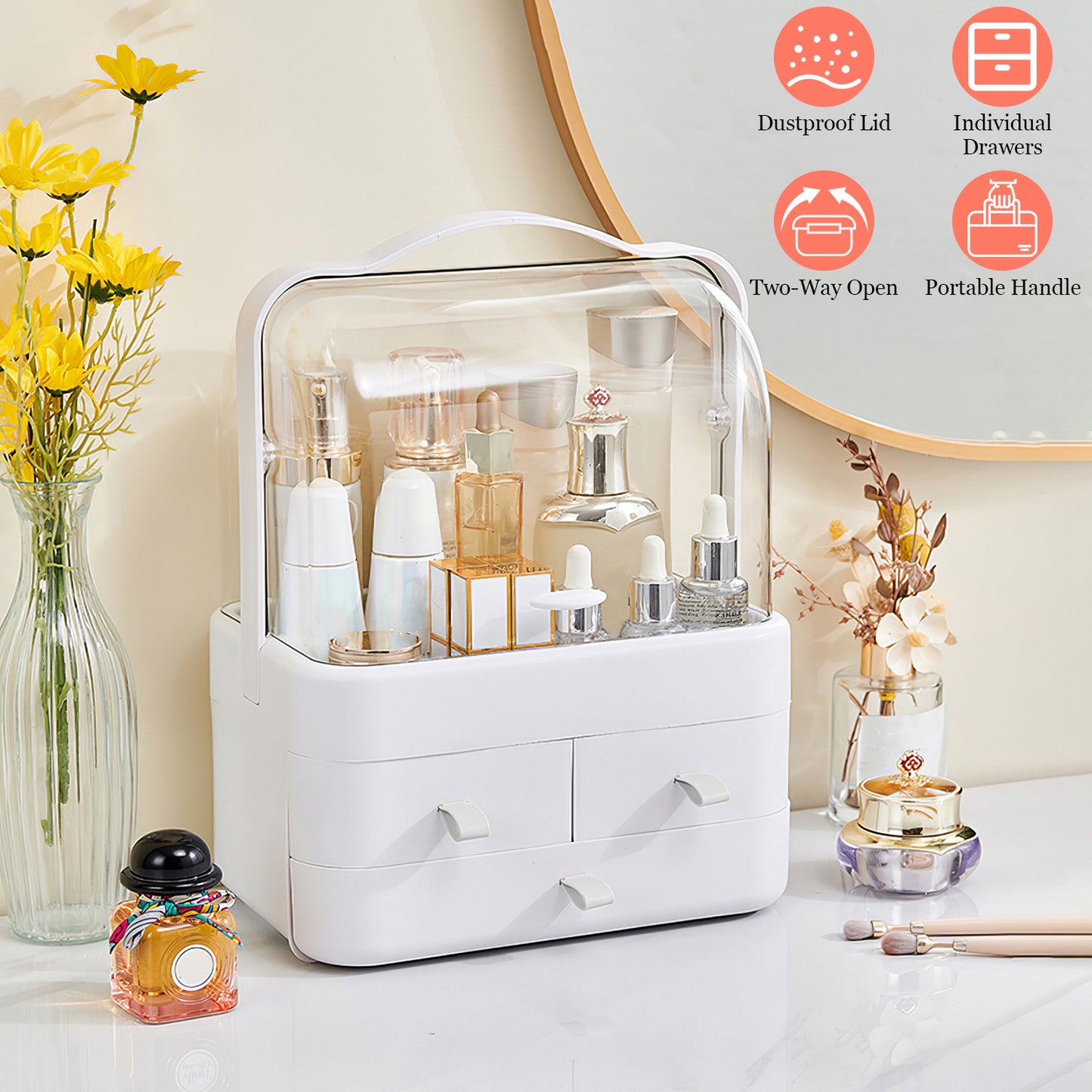 3-Tier Makeup Organizer with Dustproof Lid and Drawers