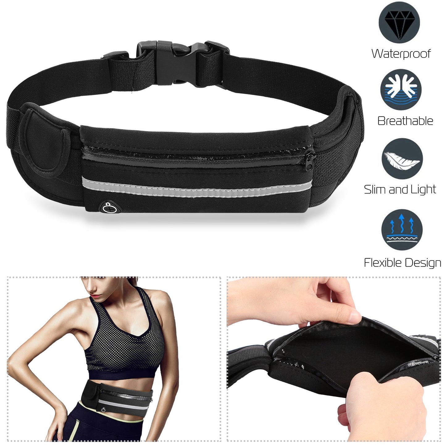 Running Belt Bag Waterproof Adjustable Waist Pack with Pockets