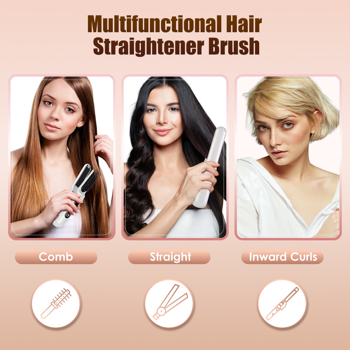 Cordless Hair Straightener Brush 2-in-1 Ceramic Flat Iron
